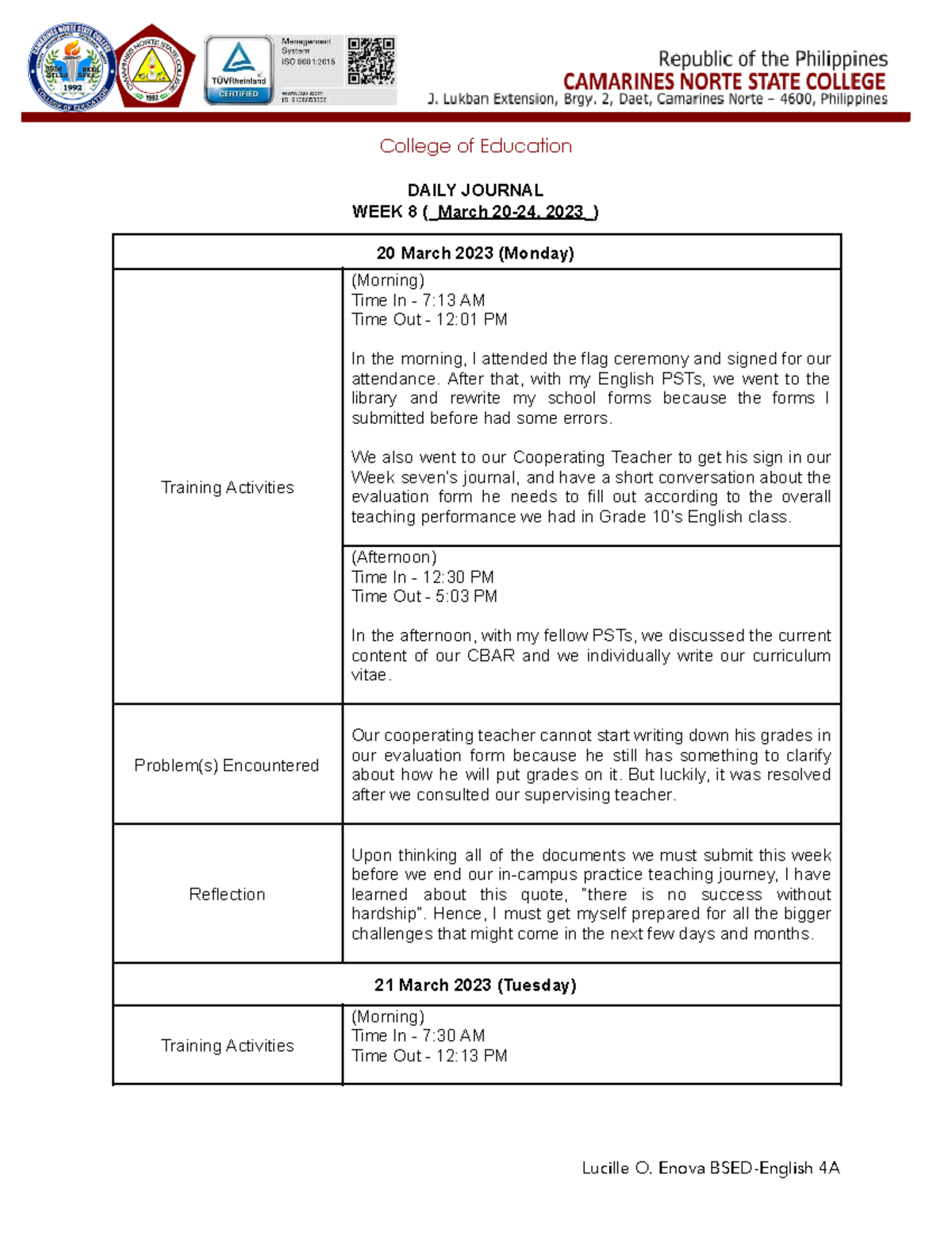 WEEK 8 Journal Lucille - DAILY JOURNAL WEEK 8 (March 20-24, 2023) 20 ...
