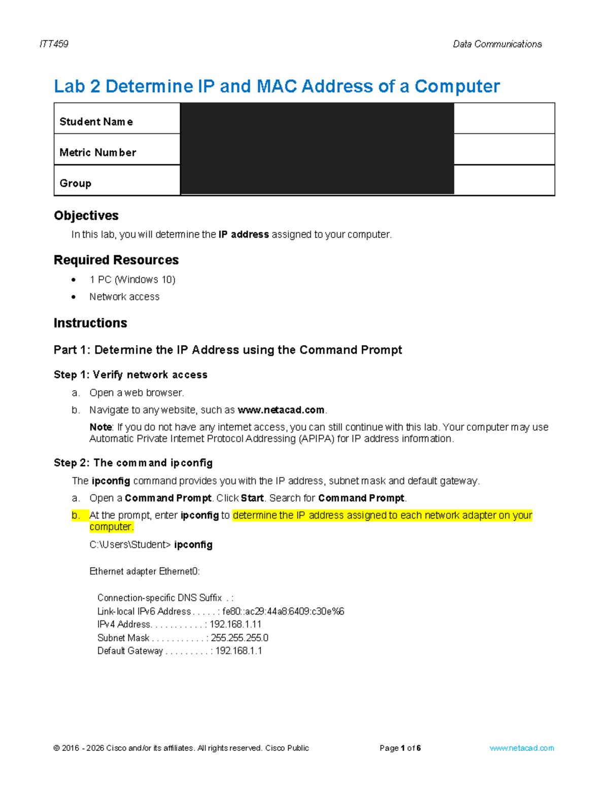 ITT459 Lab 2: Determine IP and MAC Address Configuration - Studocu