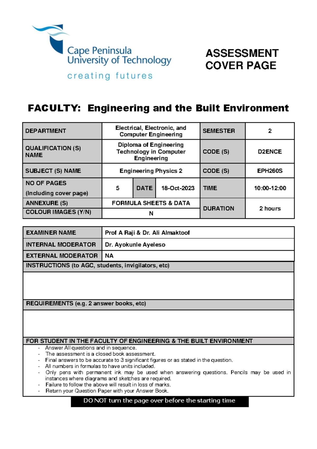 Test 2 18 Oct 2023 - check it out - ASSESSMENT COVER PAGE FACULTY ...