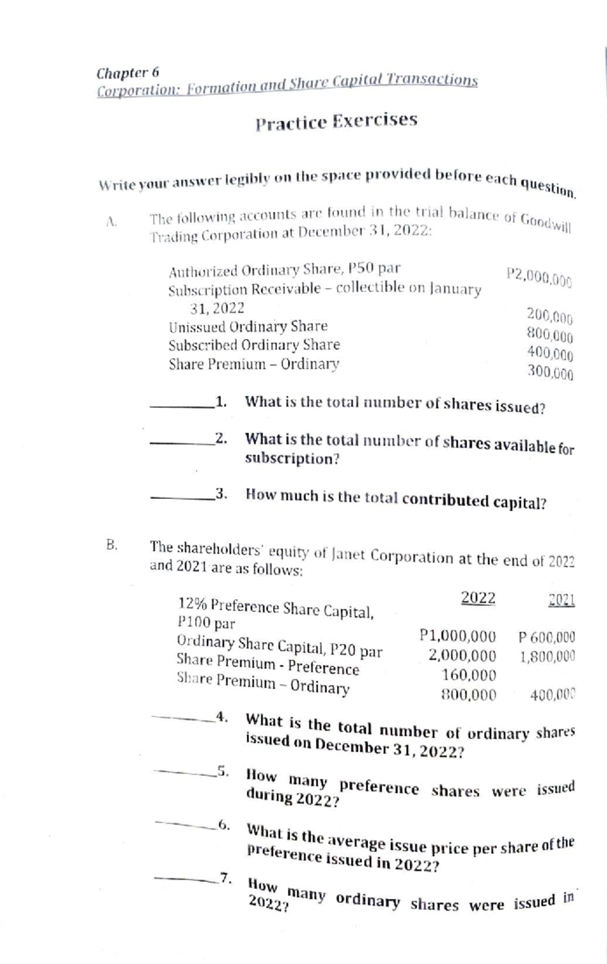 Chapter 6: Formation and Share Capital Transactions Exercises (ACCT 101 ...