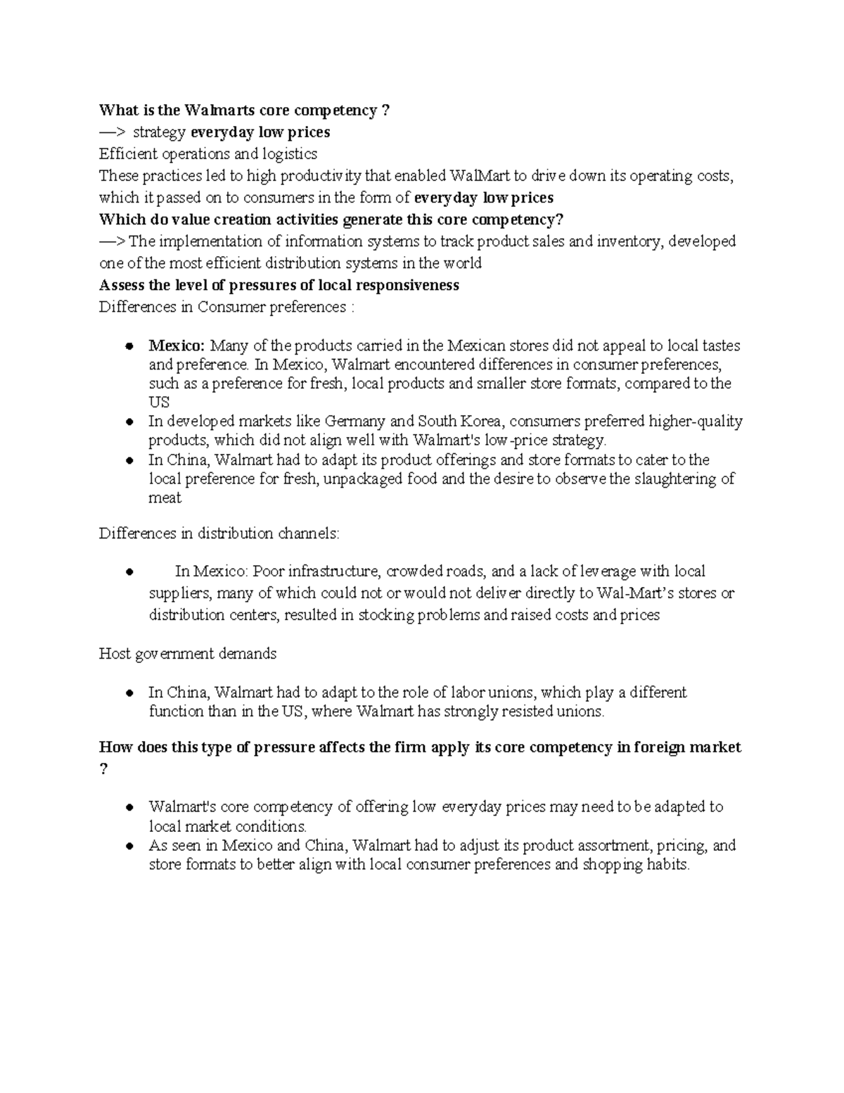 BÀI TẬP CHAPTER 2: Walmart's Core Competency and Local Adaptation - Studocu
