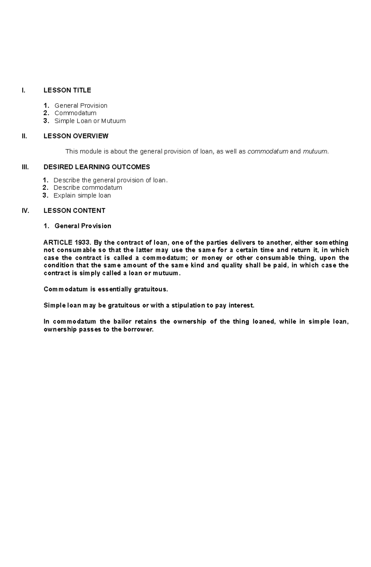 Module 7 LAW 2 - Notes on Obligations: Commodatum & Mutuum Explained - Document Preview