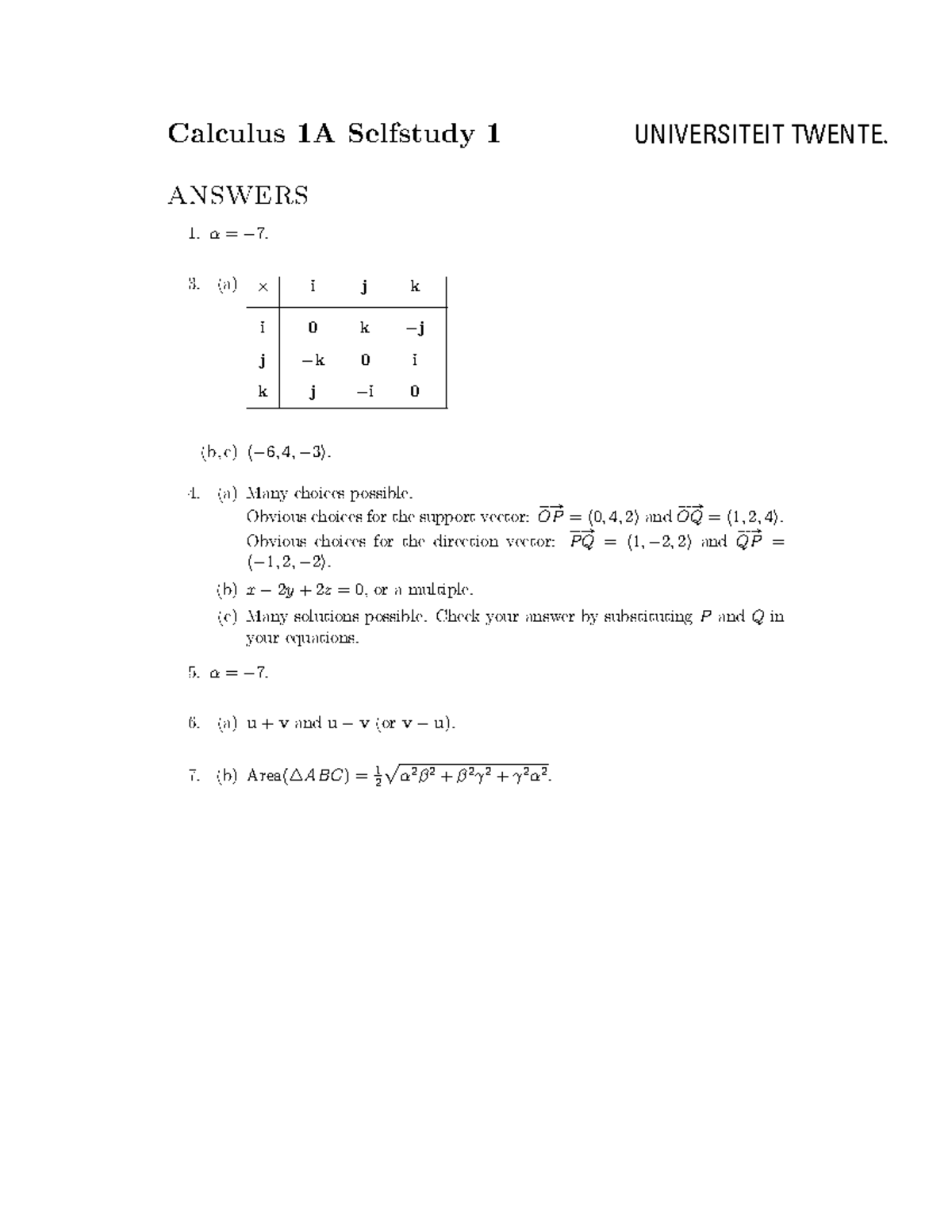 Calculus 1A Self-Study Answers 1 - UNIVERSITEIT TWENTE - Studeersnel