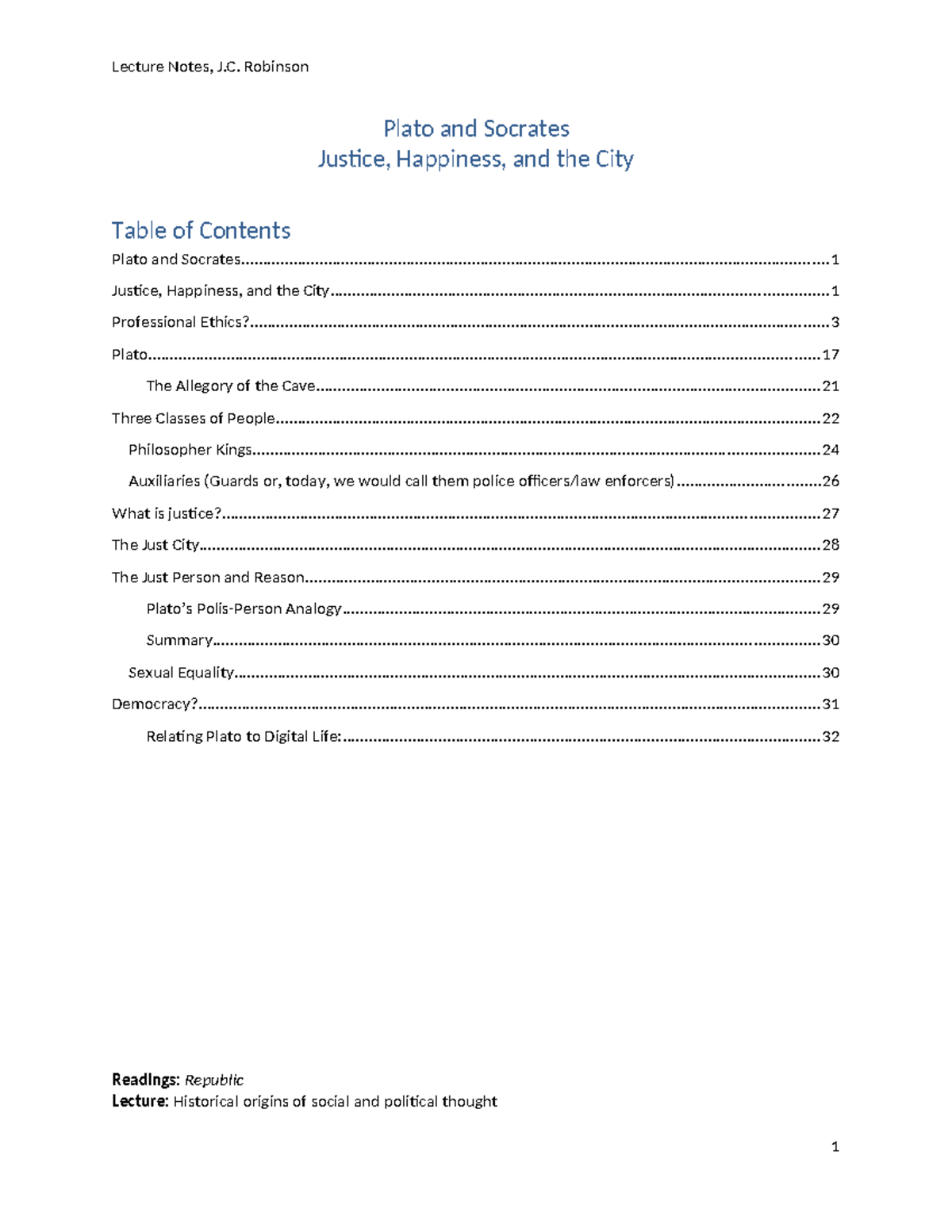 Lecture Notes J C Robinson On Plato Socrates Justice Ethics Studocu