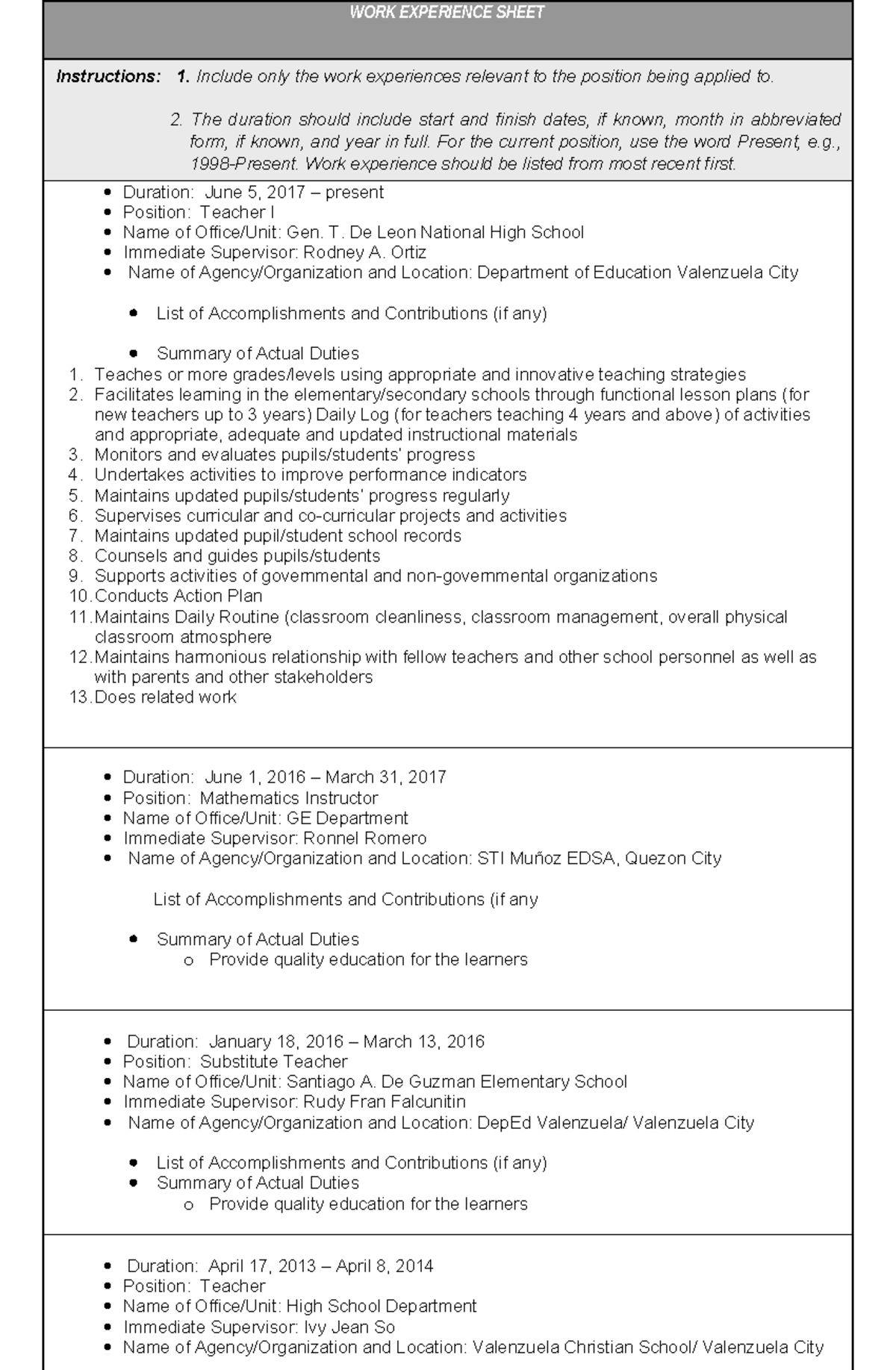 445430259 CS Form No 212 Attachment Work Experience Sheet - WORK ...