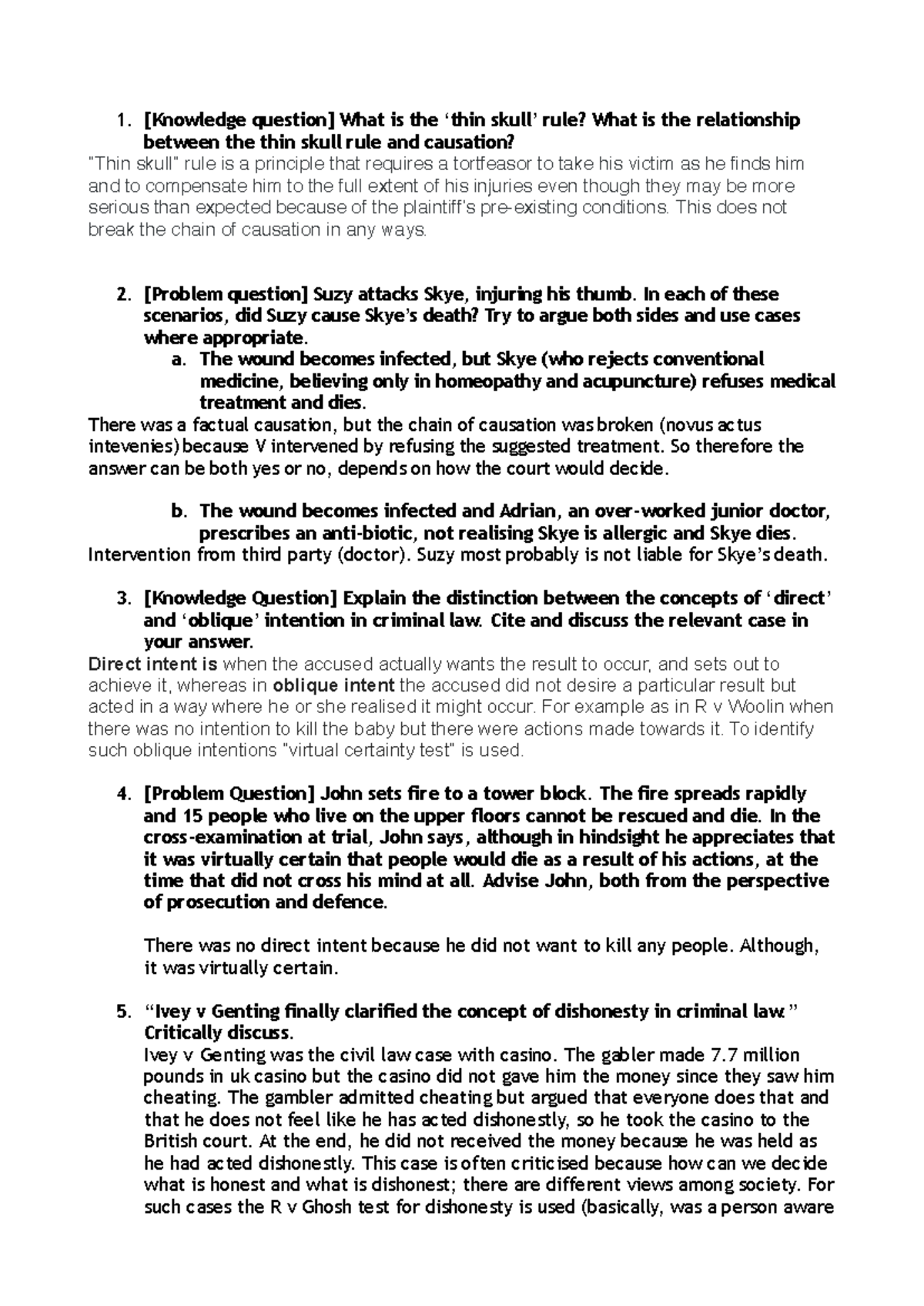 Criminal Law Questions: Causation, Intent, and Dishonesty Analysis ...