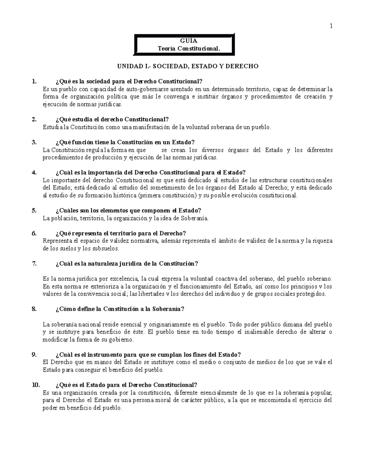 Cuestionario Teoría de la Constitución - Derecho Constitucional 101 ...