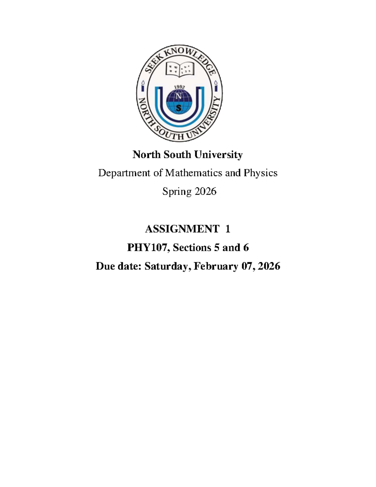 PHY107 Spring 2026 Assignment 1: Physics Problems and Solutions - Studocu