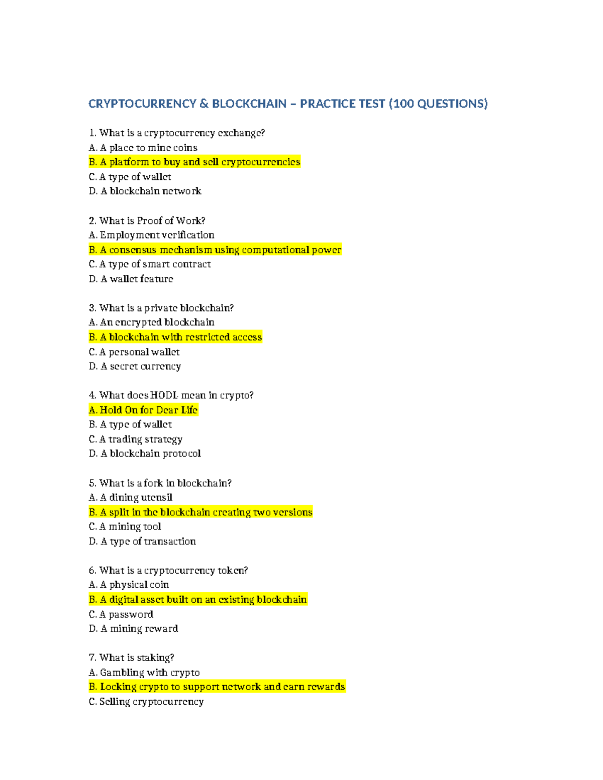 Crypto Blockchain Practice Test: 100 Essential Questions - Studocu