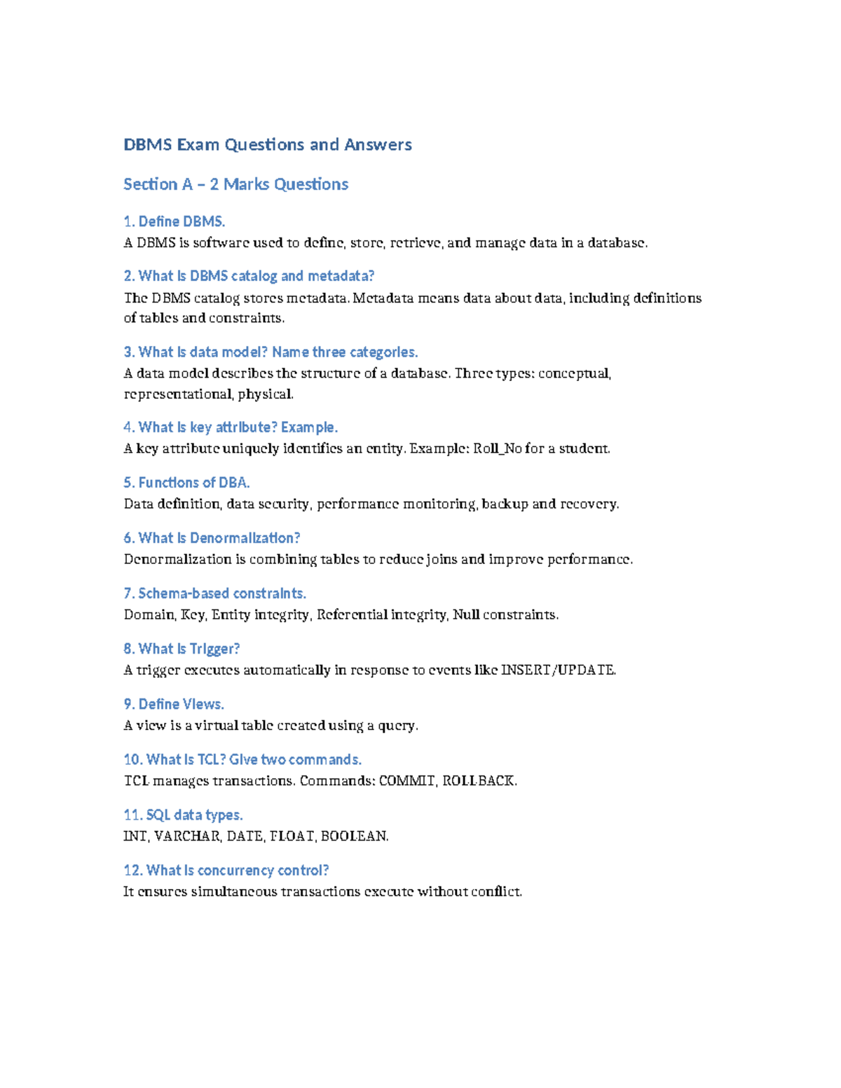 DBMS 2023 Exam Questions & Answers: Sections A, B, C - Studocu