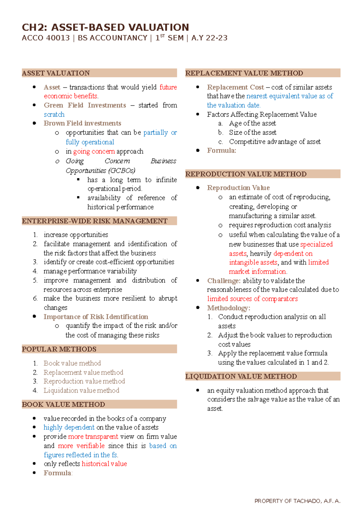 ACCO 40013 - Asset-Based Valuation Methods in Accountancy - Studocu