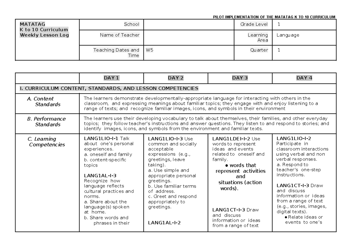 LE Language Q1 W5 Weekly Lesson Plan for Grade 1 - Studocu