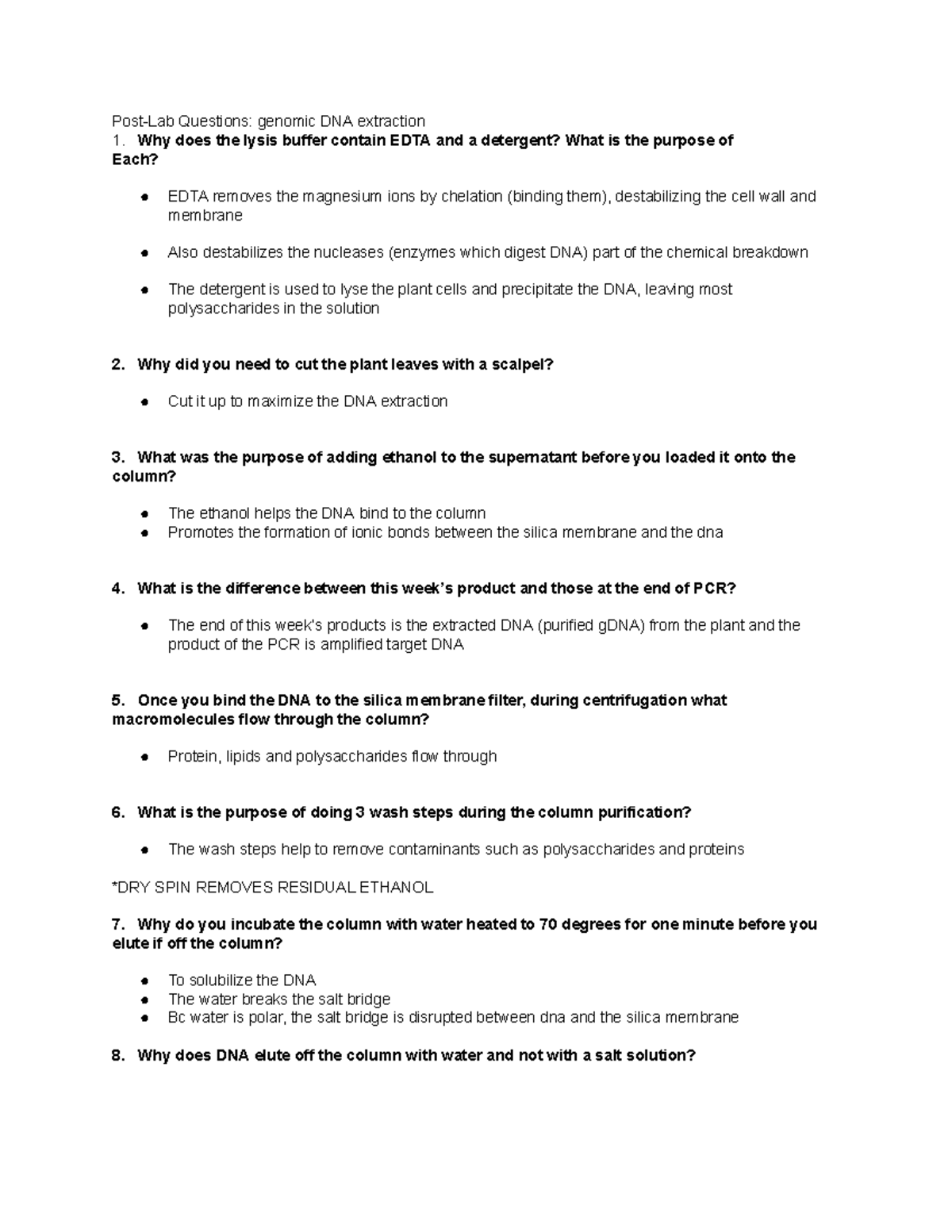 Genomic DNA Extraction Post-Lab Questions for BIO 101 Lab - Studocu