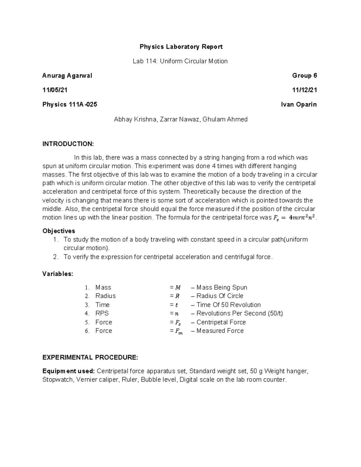 Physics 111A Lab 09: Uniform Circular Motion Analysis Report - Studocu