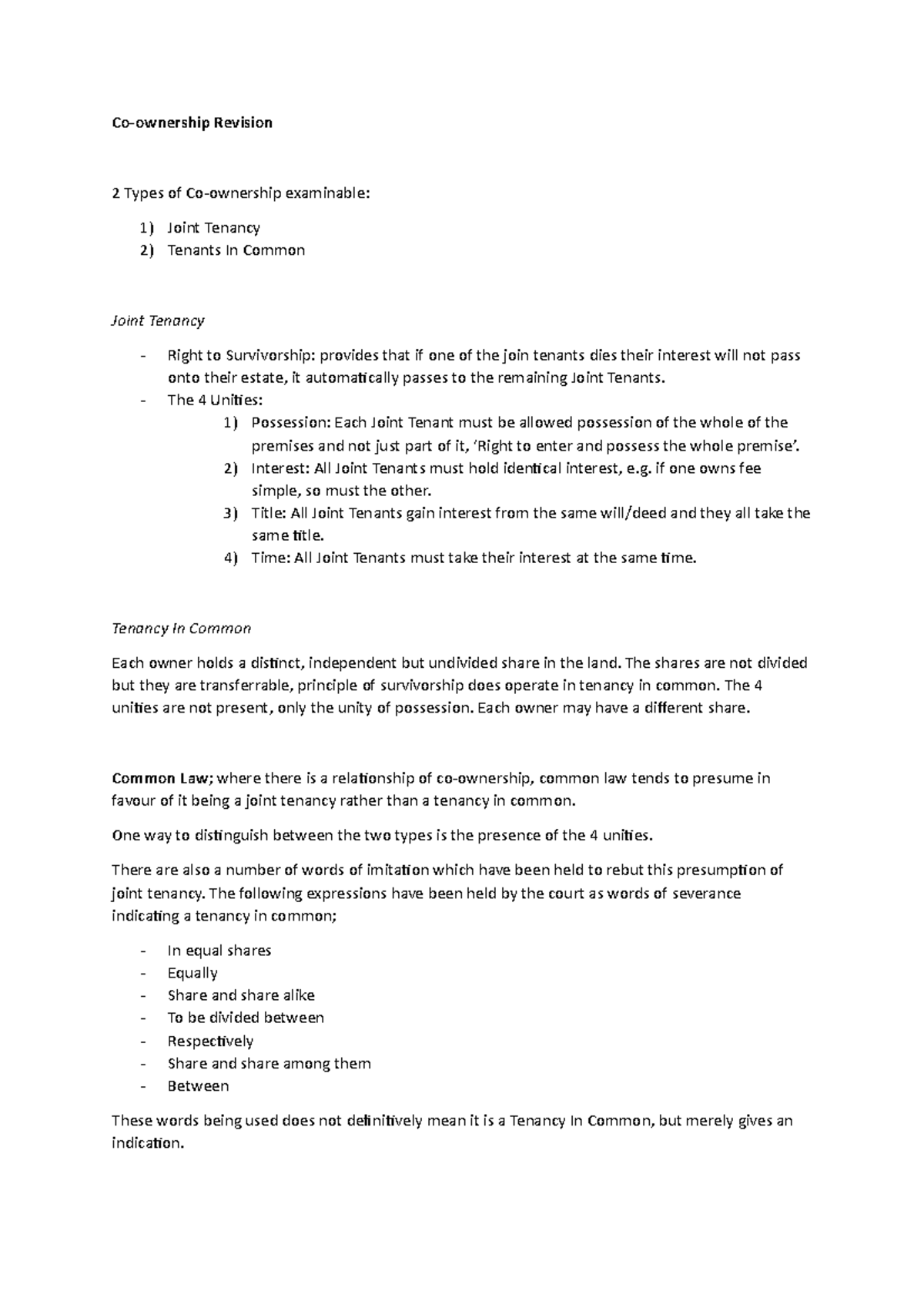 Co-ownership Revision Notes for Law 101: Joint Tenancy vs Tenancy In ...