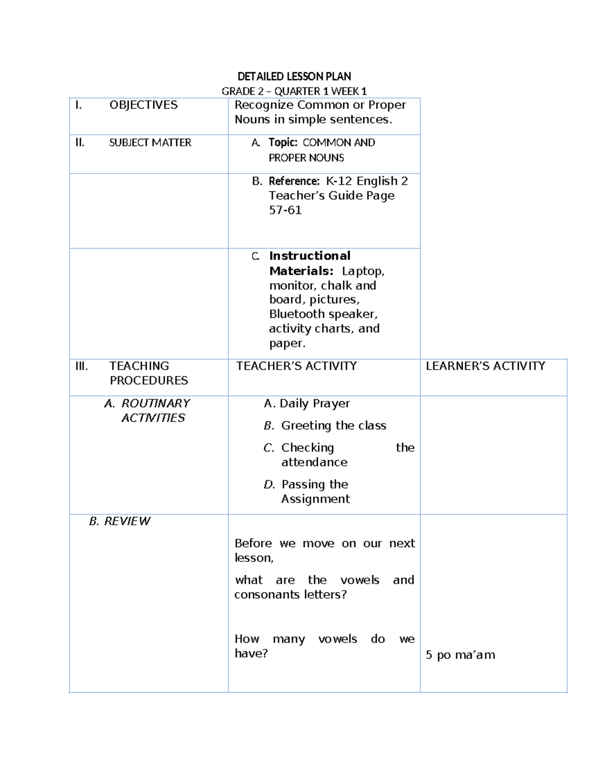 CO DLP English 2 Q1 - Lesson Plan on Common and Proper Nouns - Studocu