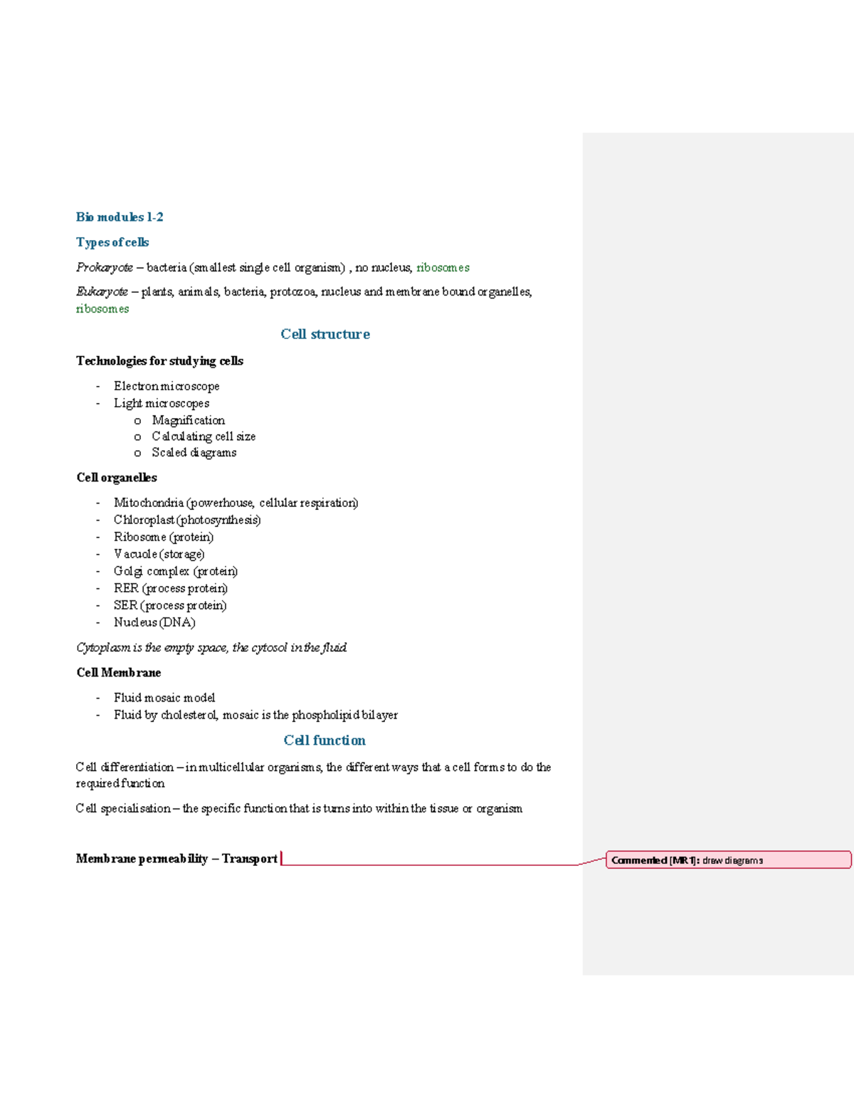 Bio Modules 1-2: Cell Types, Structures, and Functions Review - Studocu
