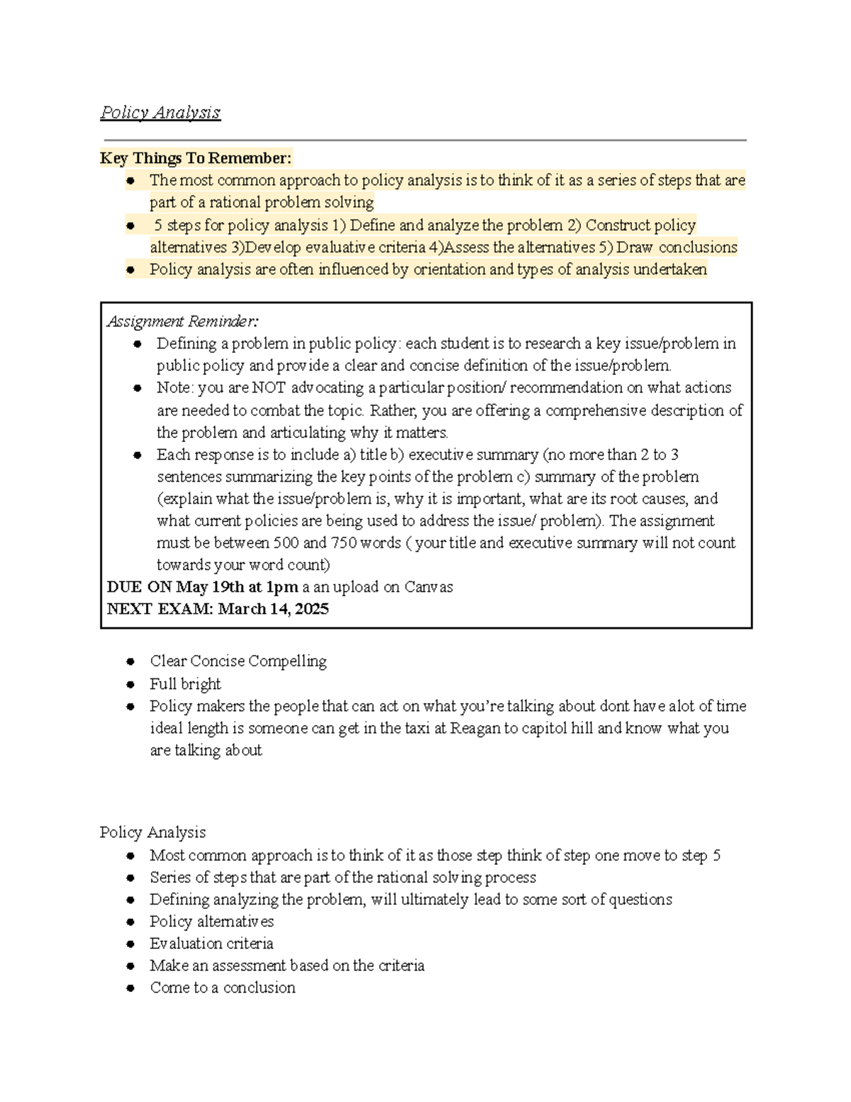 UAPP110 - Final Exam Study Notes: Steps in Policy Analysis and ...