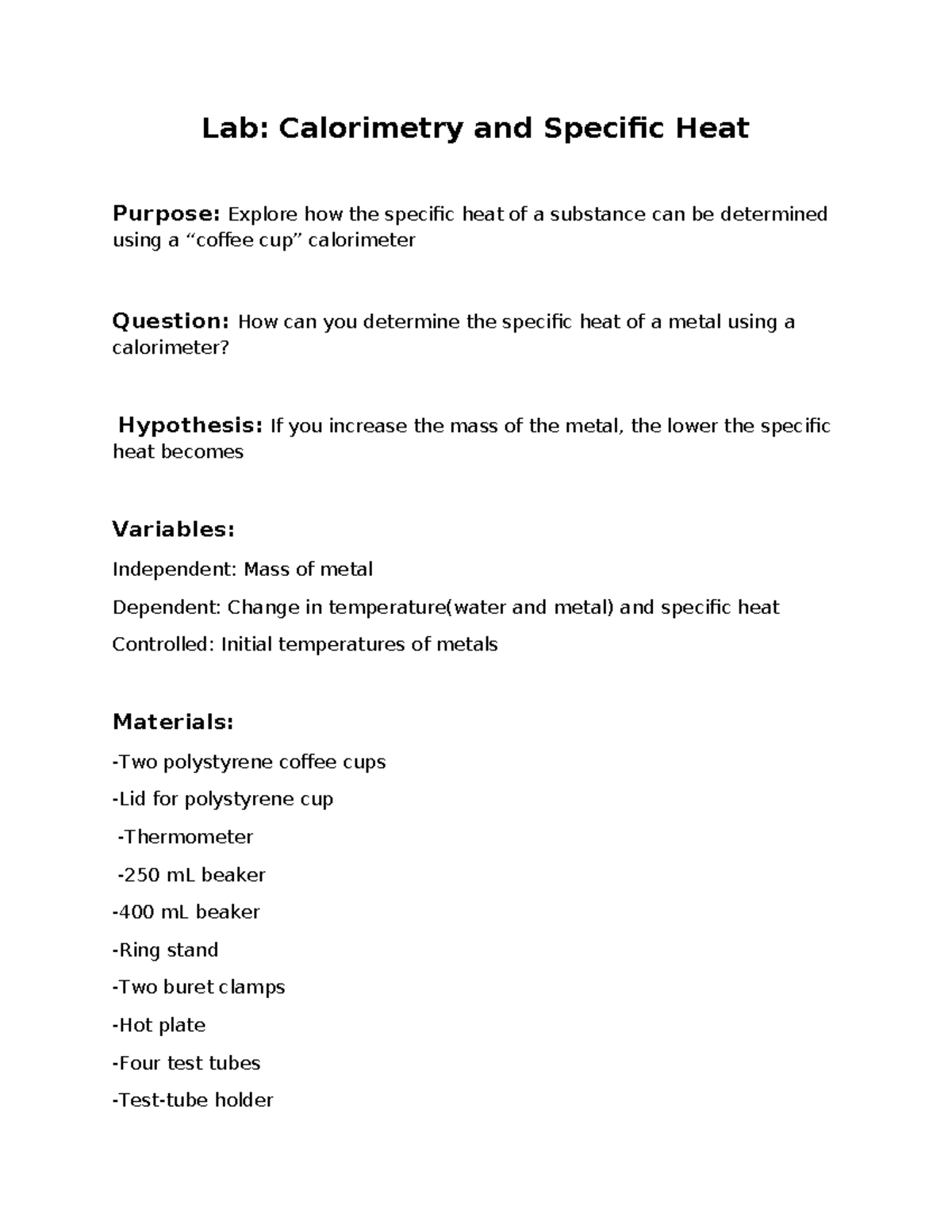 Lab Report: Calorimetry & Specific Heat Analysis (CHEM 101) - Studocu