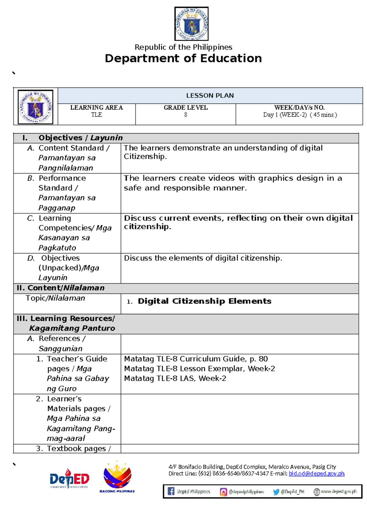 WS2- Lesson Plan: Digital Citizenship for TLE Grade 8 - Studocu
