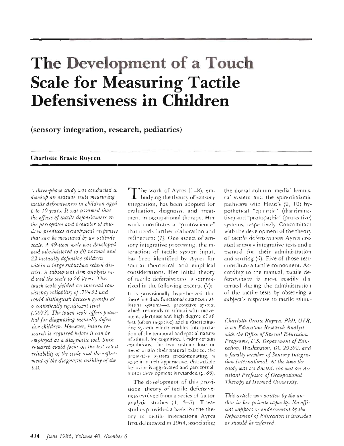 Development of the Touch Scale for Tactile Defensiveness in Children ...