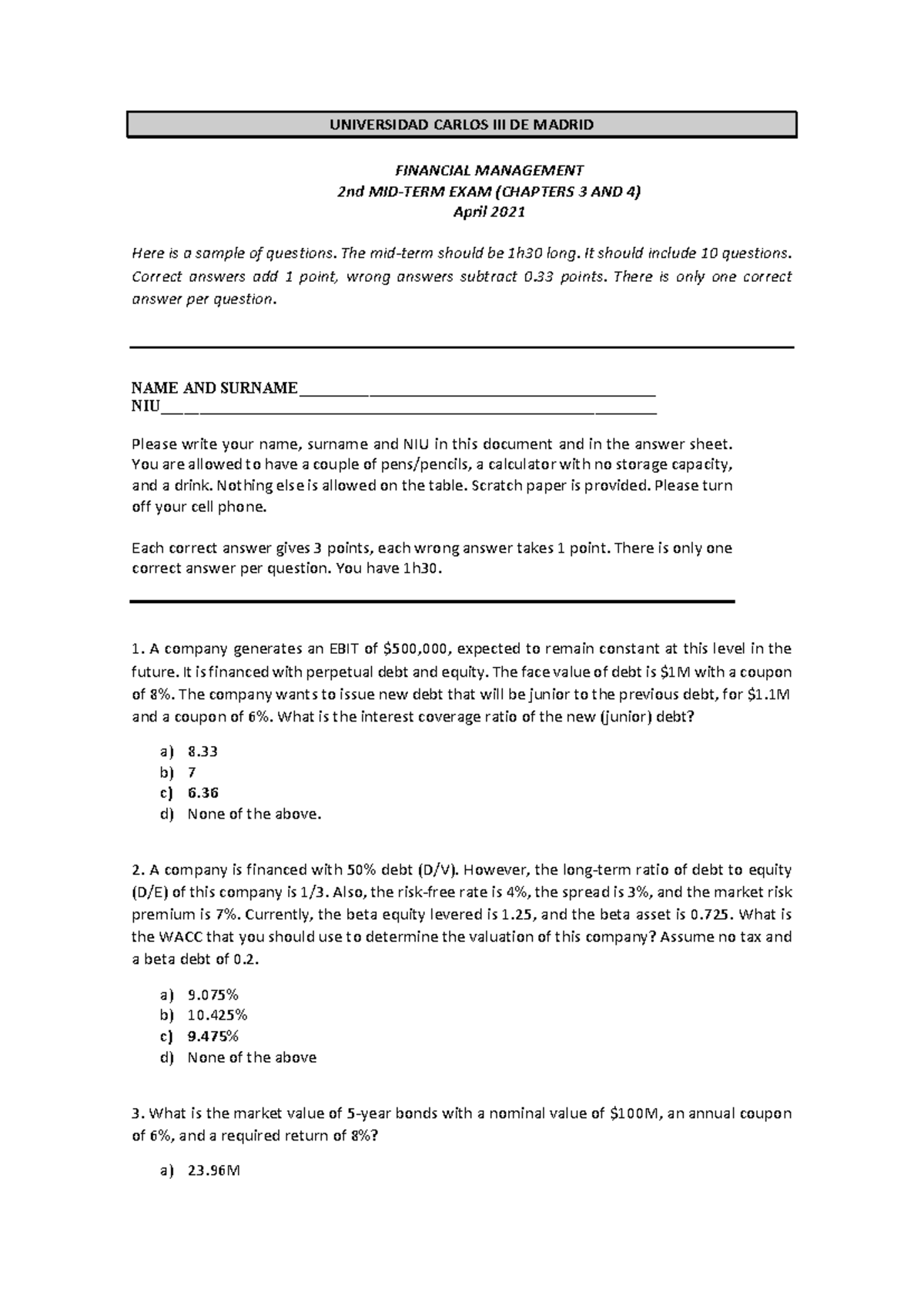 2nd Midterm Exam Solutions for Financial Management (FM 2021) - Document Preview