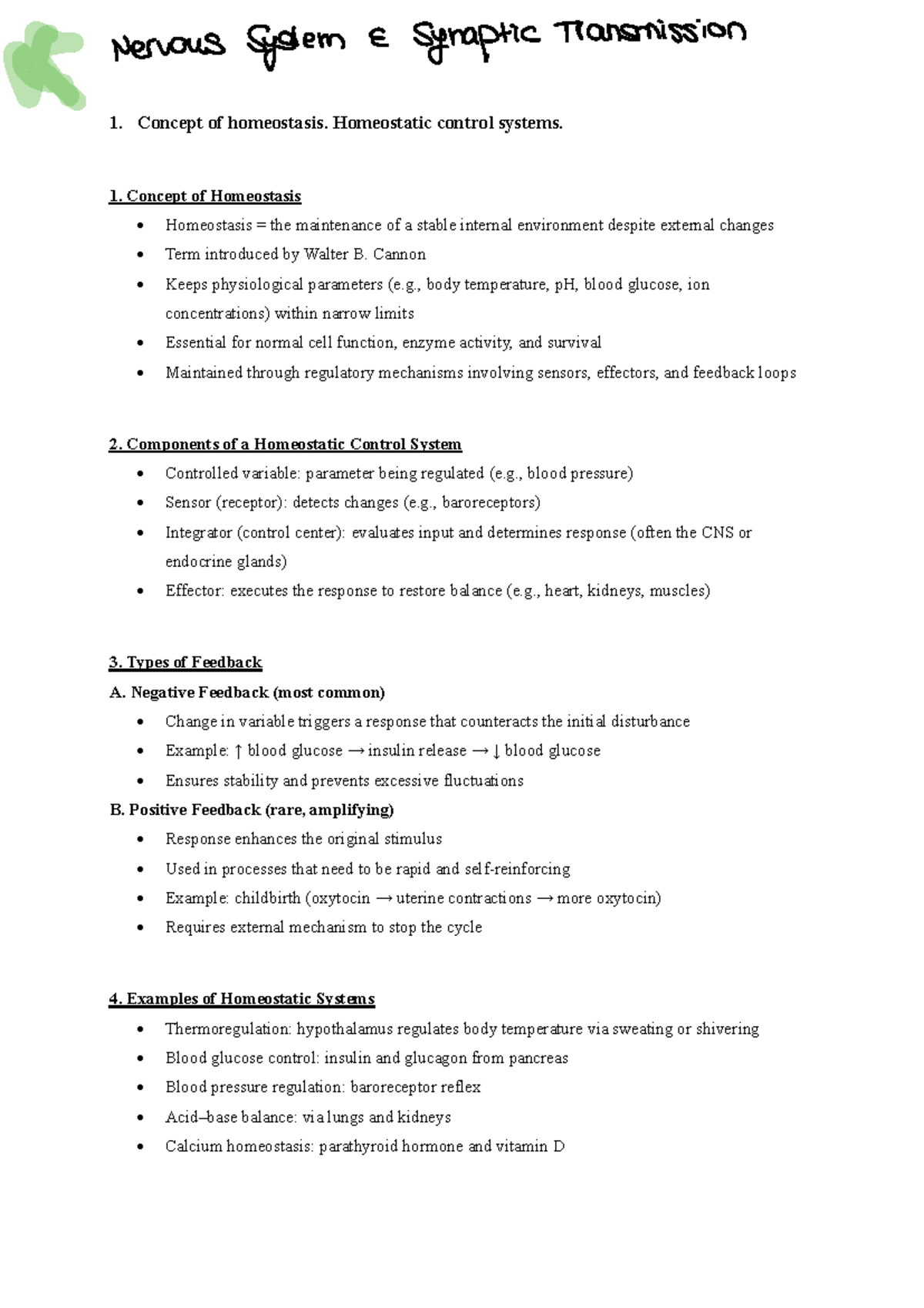 Physio Exam DM 2025: Nervous System and Homeostasis Overview - Studocu