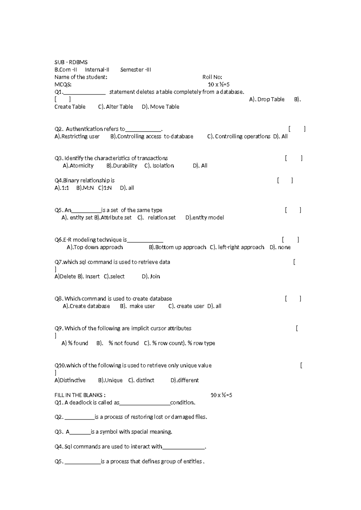 RDBMS Internal-II MCQs & Fill-in-the-Blanks - Semester III Exam Guide ...