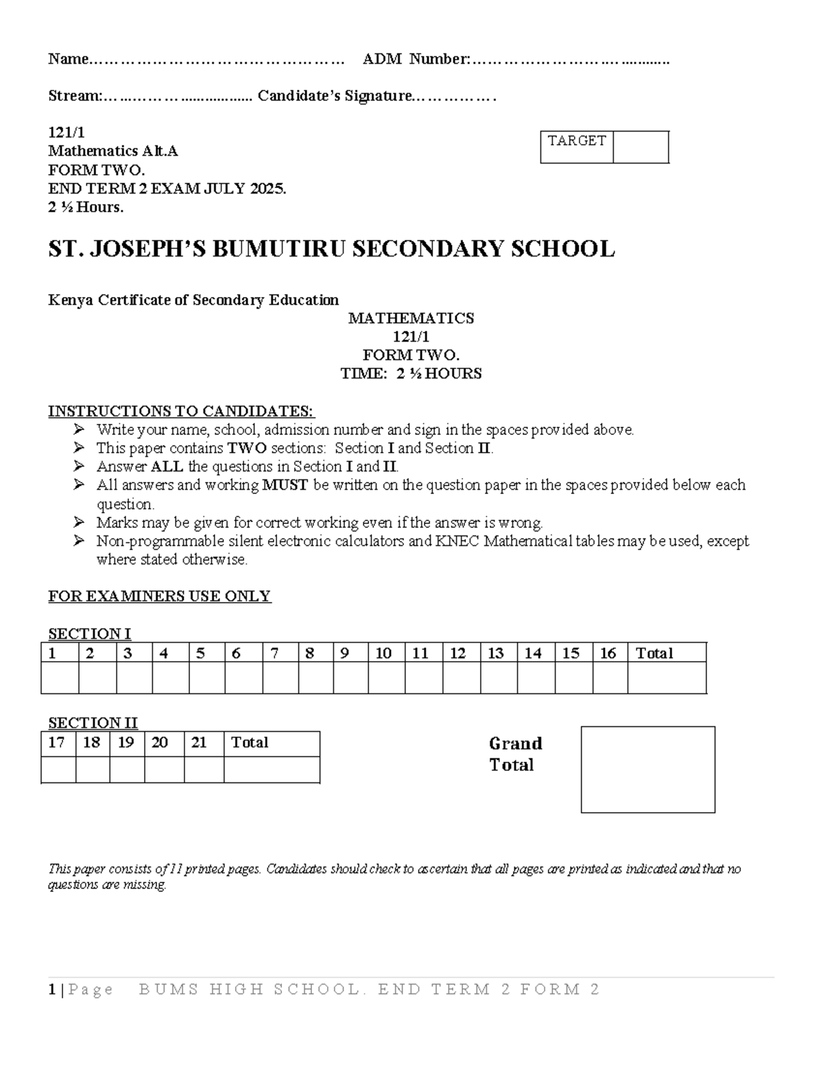 ADM Mathematics Alt.A FORM TWO END TERM 2 EXAM JULY 2025 - Studocu