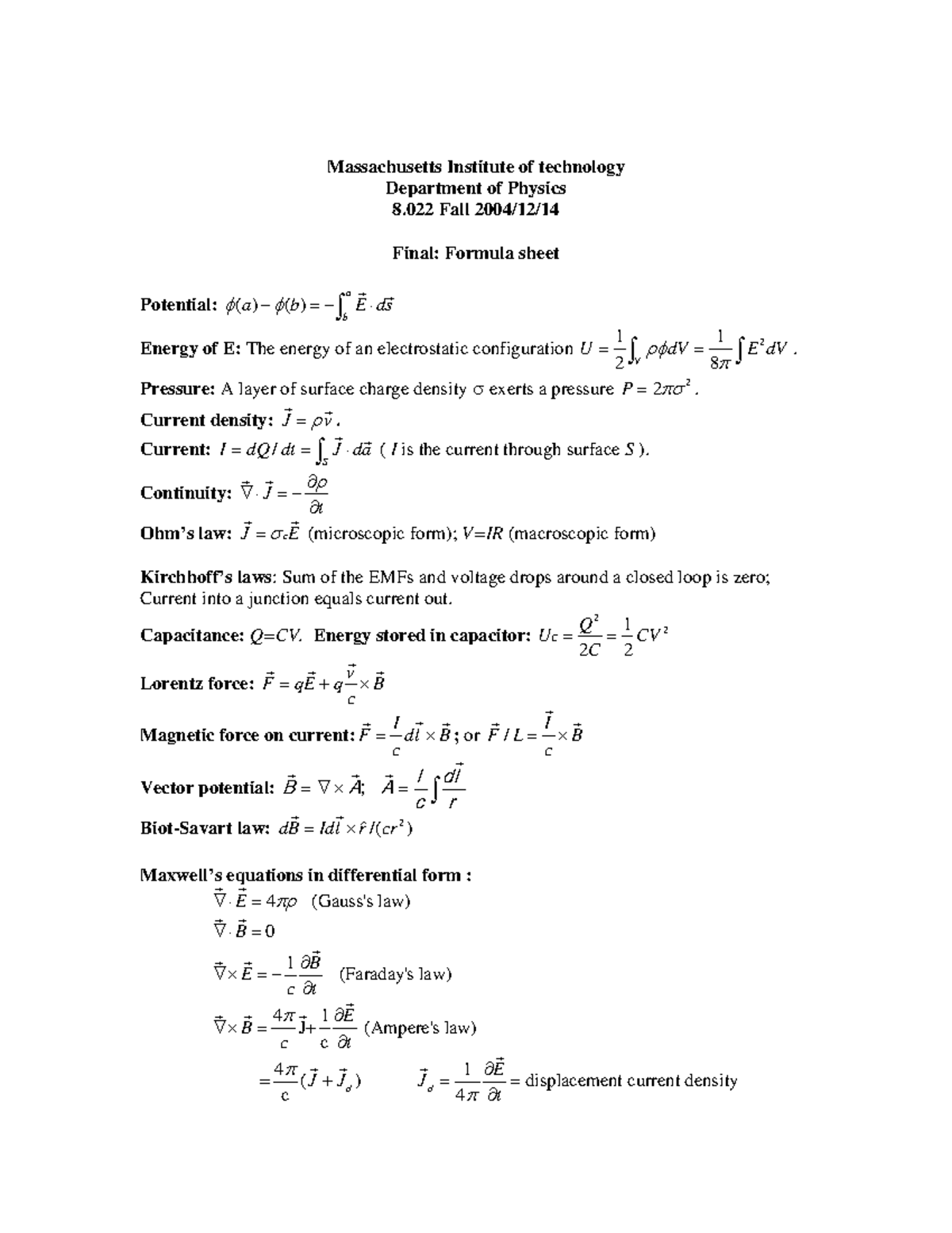 MIT Physics 8.022 Fall Final: Essential Formula Sheet - Studocu