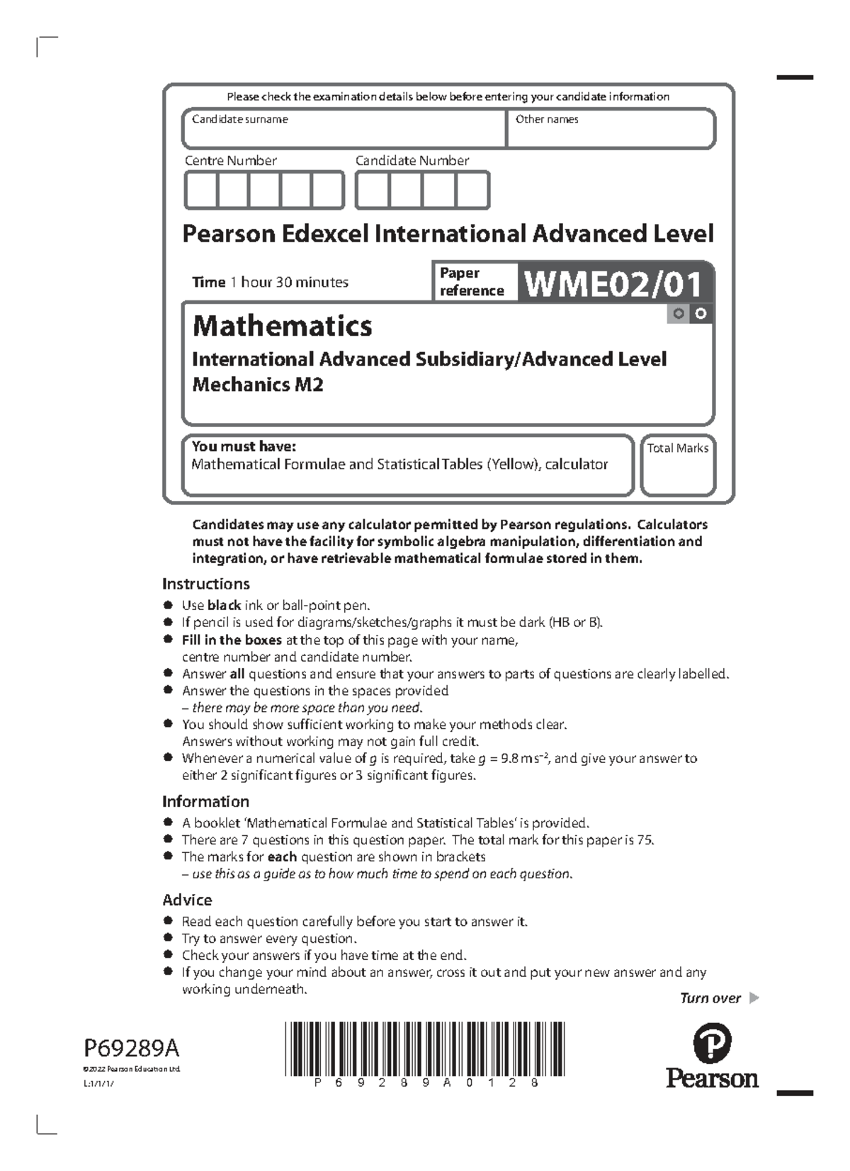 Mathematics M2 International A Level Exam Paper - 22 01 QP - Studocu