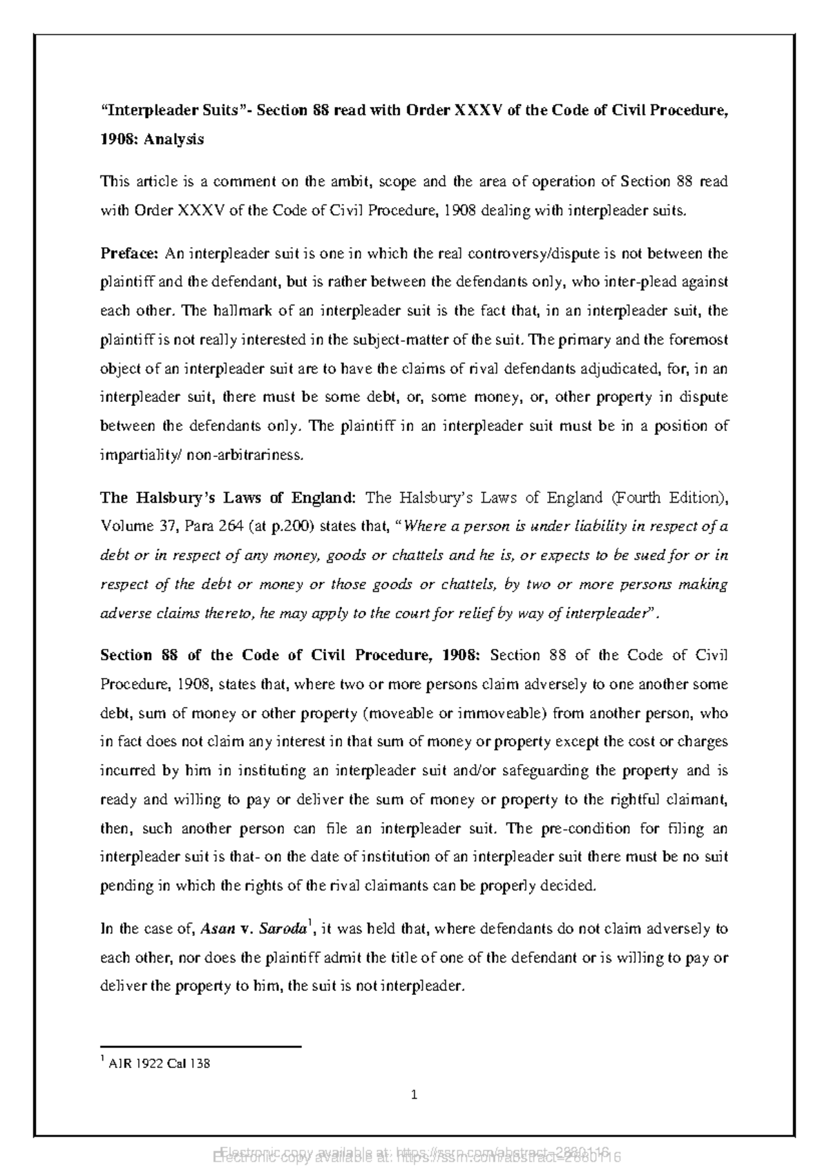 Interplesder Suit - n/a - 1 “Interpleader Suits”- Section 88 read with ...