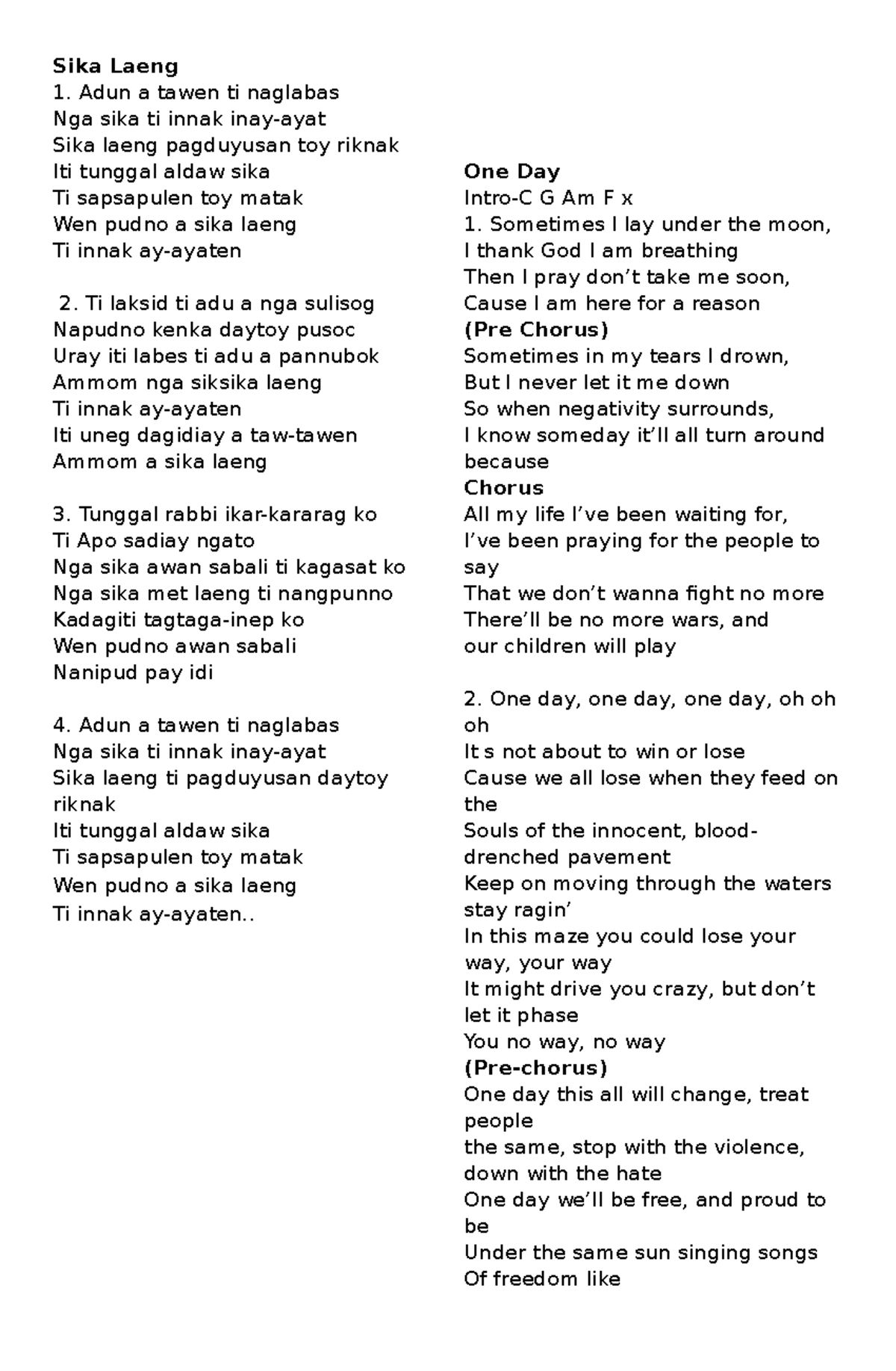 Sika Laeng - Compilation of Song Lyrics and Reflections - Studocu