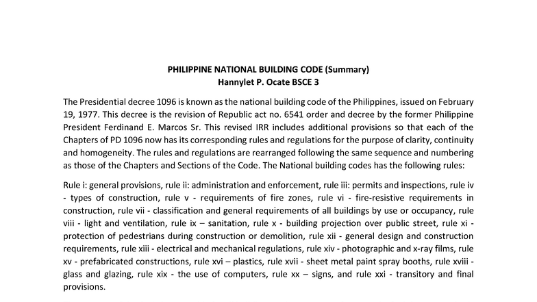 PHILIPPINE NATIONAL BUILDING CODE (PD 1096) Summary for BSCE 3 - Studocu