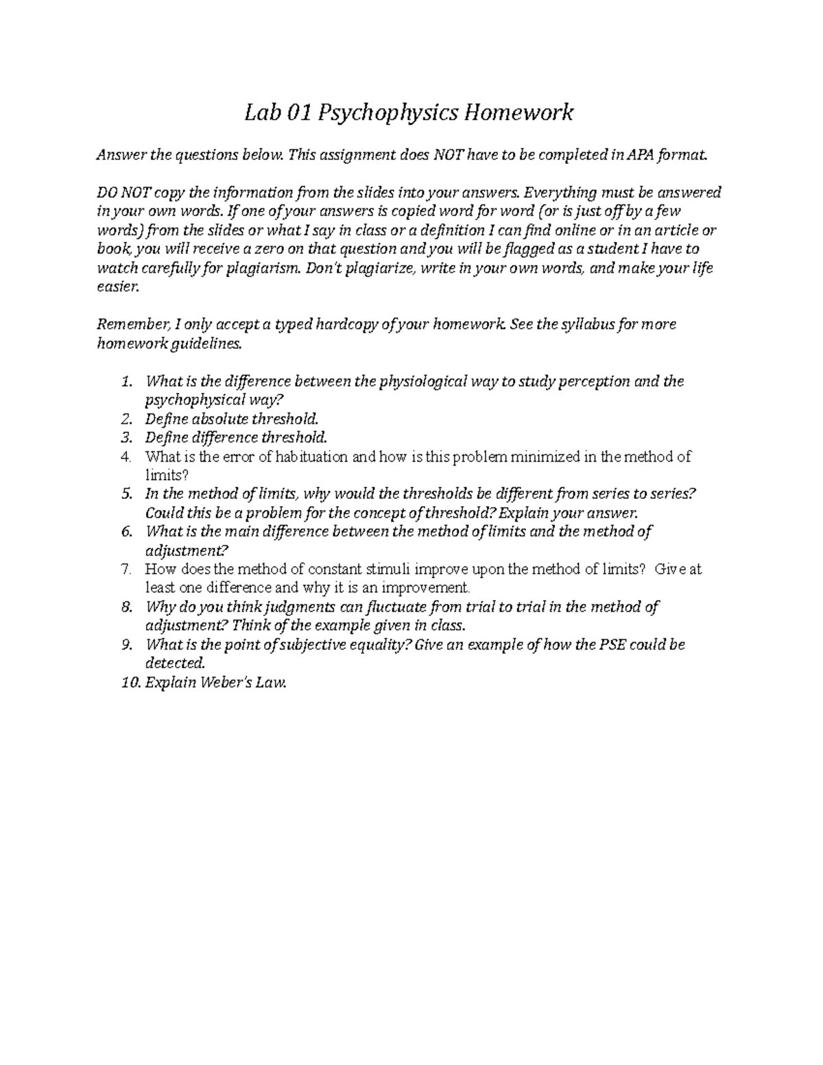 Psych 101: Lab 01 Psychophysics Homework Assignment Guide - Studocu