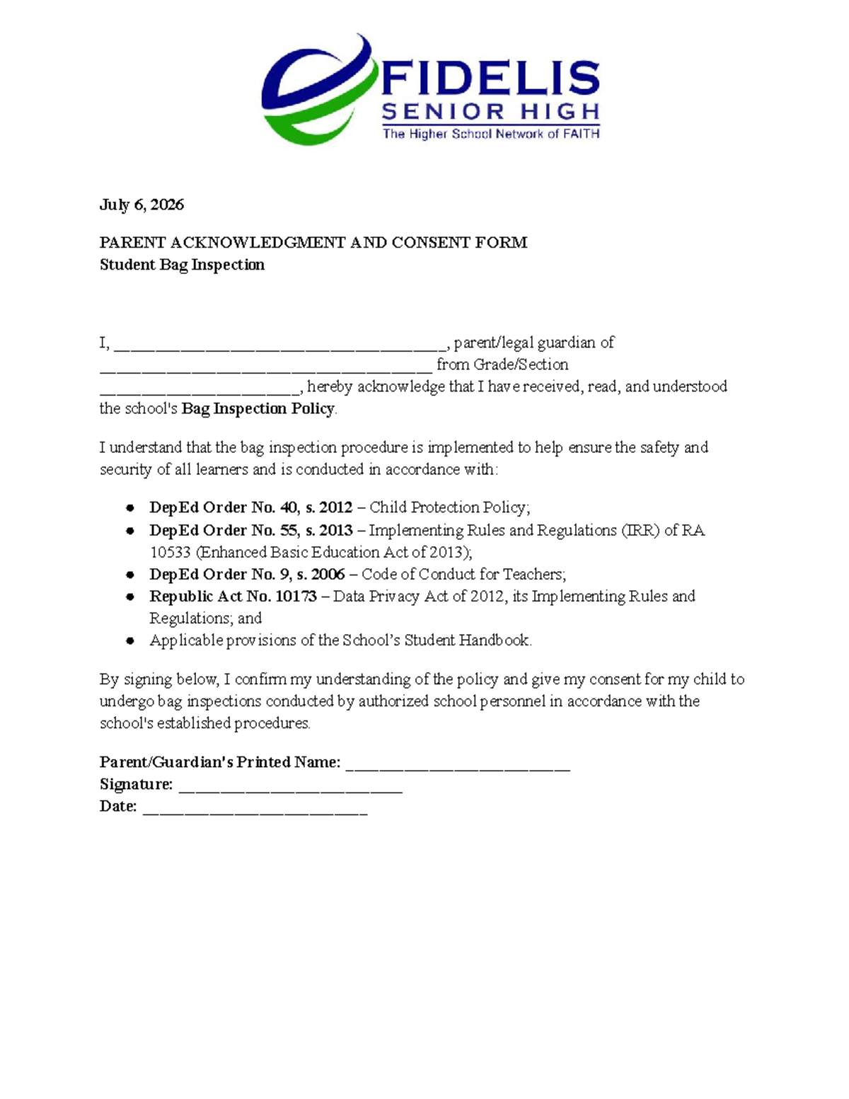 Acknowledgment and Consent Form for Student Bag Inspection - Studocu