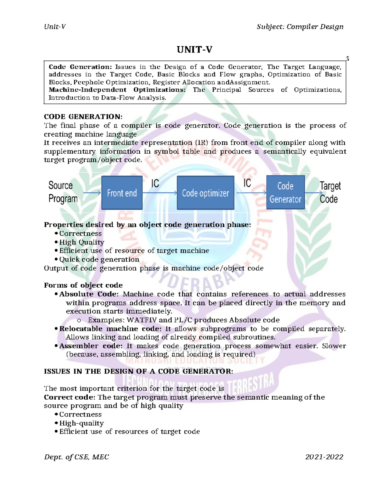 CSE 2021 Compiler Design: Unit-V Code Generation & Optimizations Notes ...