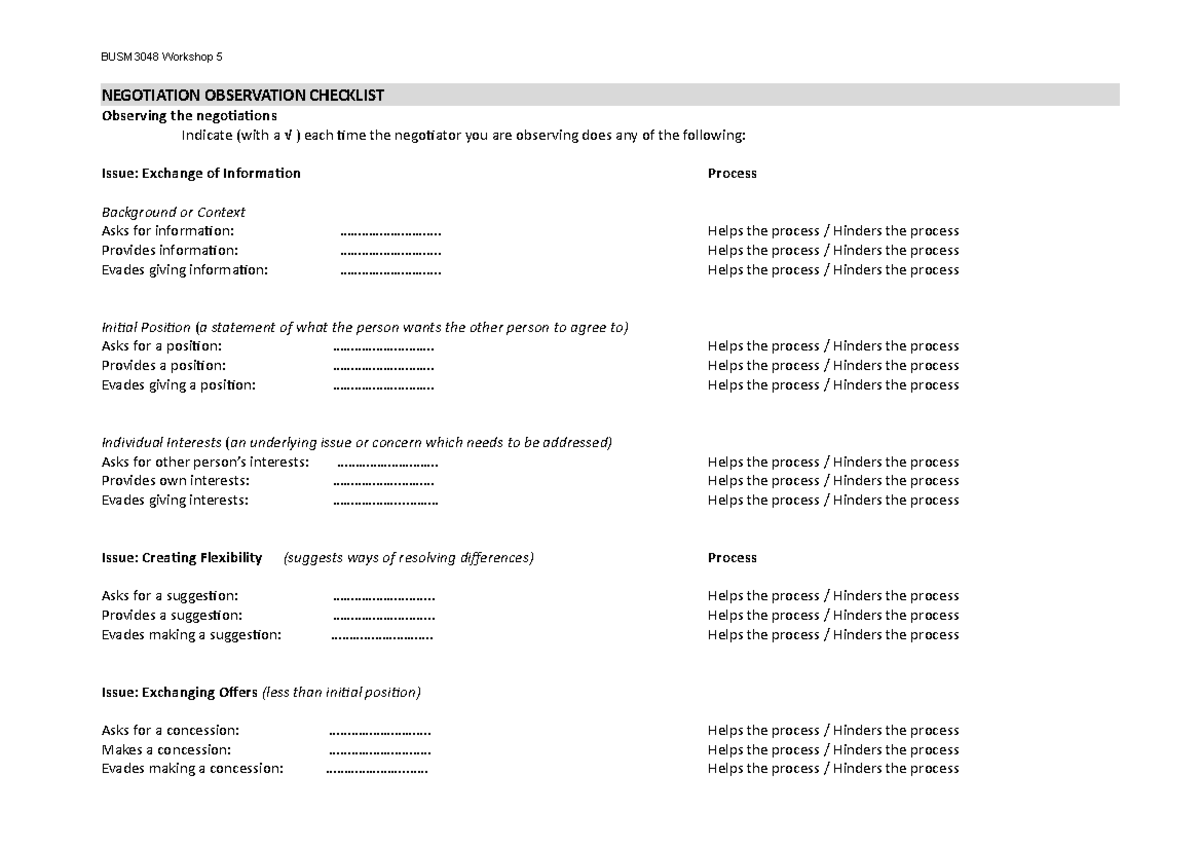 Topic 5 Negotiation Observation Checklist - BUSM3048 Workshop 5 ...