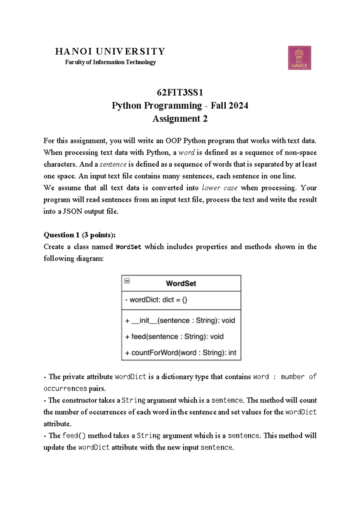 Assignment 2 Fall 2024 - wd w eqw ewe - HANOI UNIVERSITY Faculty of ...