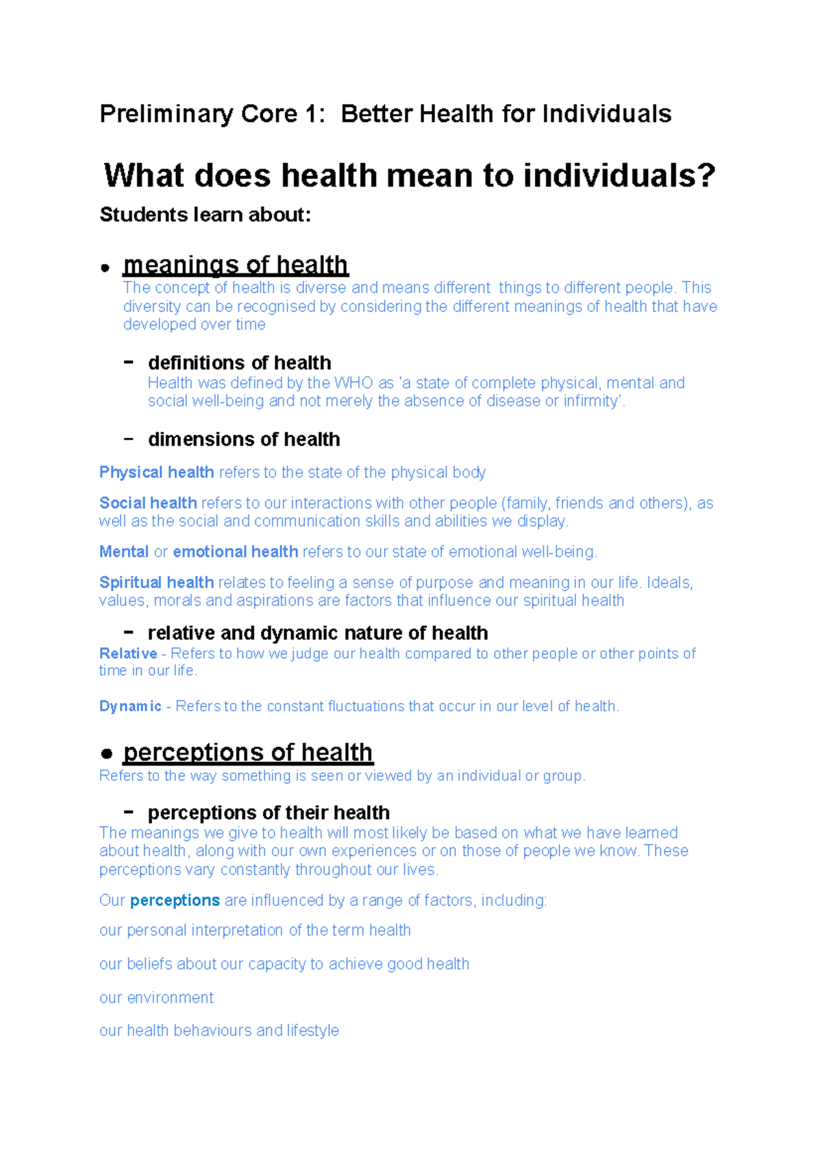 Syllabus Study Notes Preliminary Core 1 Better Health for Individuals ...