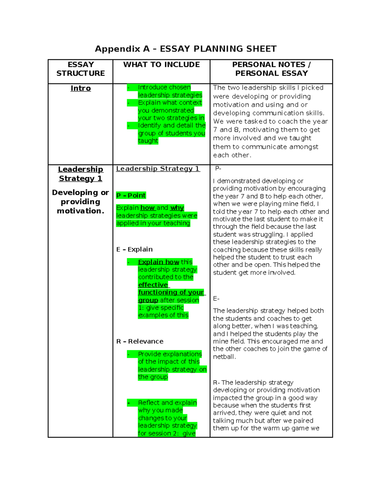 PE Essay Teaching - Appendix A – ESSAY PLANNING SHEET ESSAY STRUCTURE ...