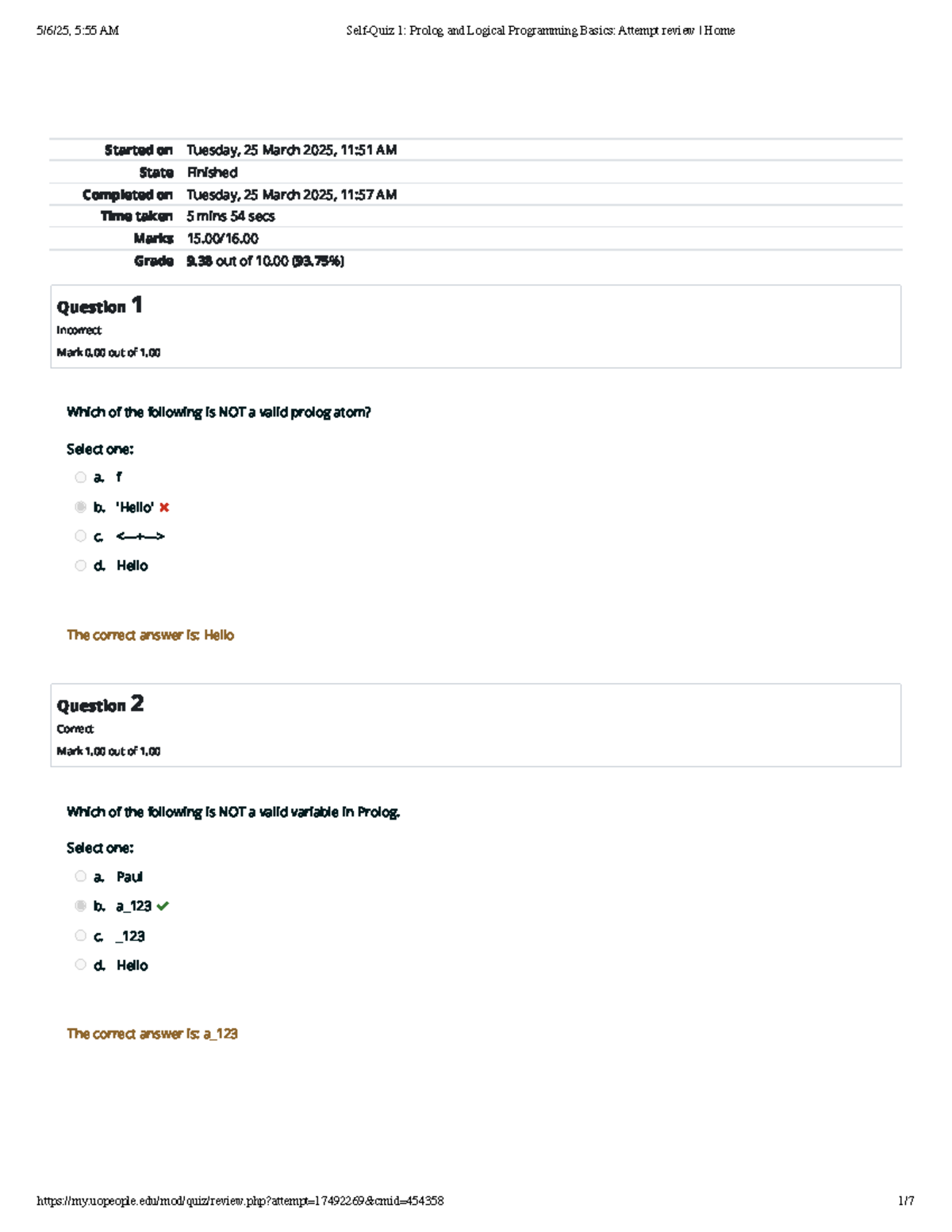 Self-Quiz U8-1 Prolog and Logical Programming Basics Attempt review ...