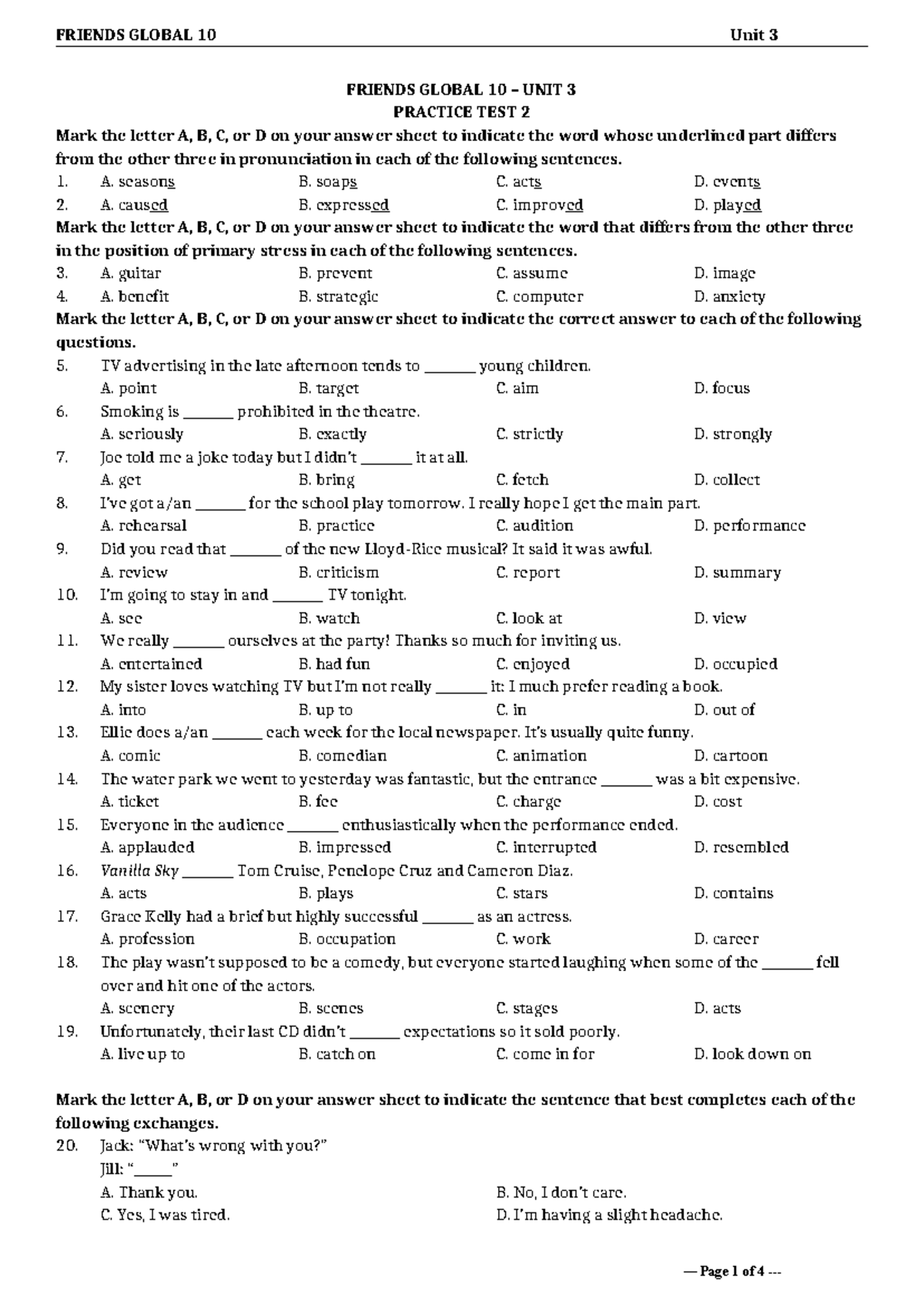 Tieng Anh 10 FRIENDS GLOBAL - Unit 3 Practice Test 2 - Studocu