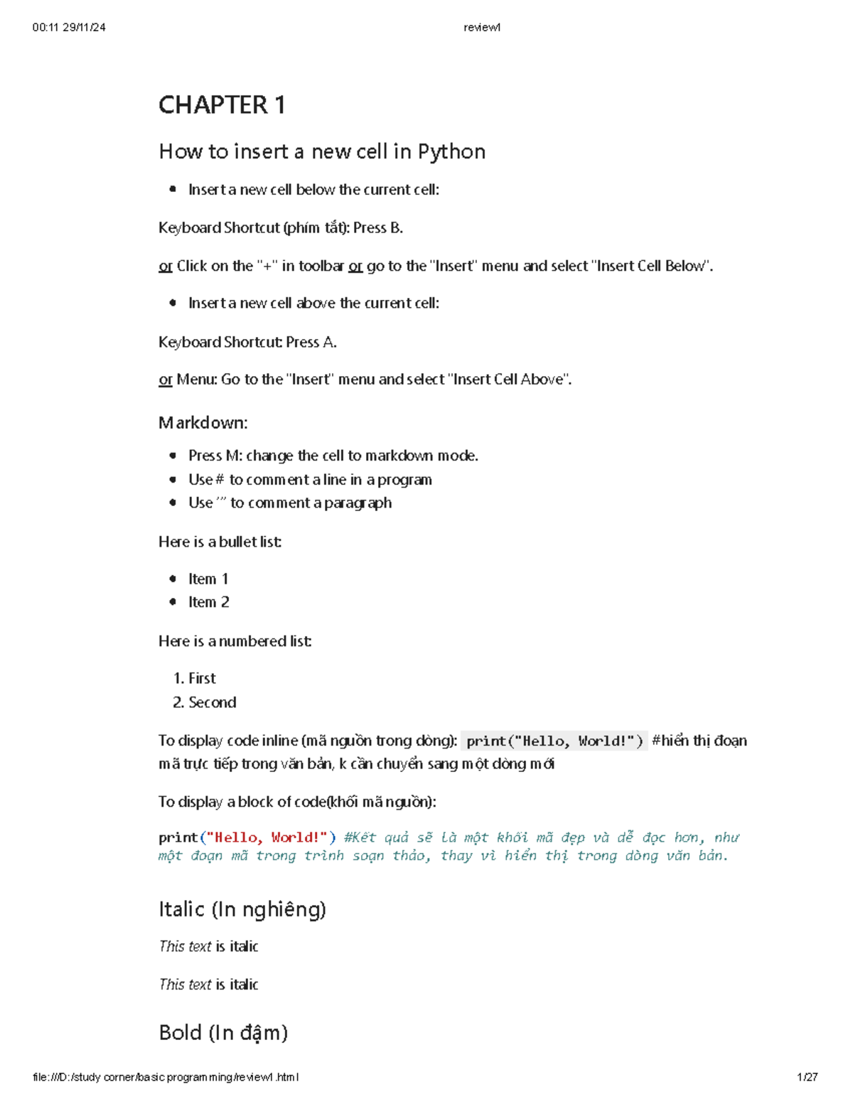 Review 1 - Python Basics (Course Code: 00:11) - Studocu