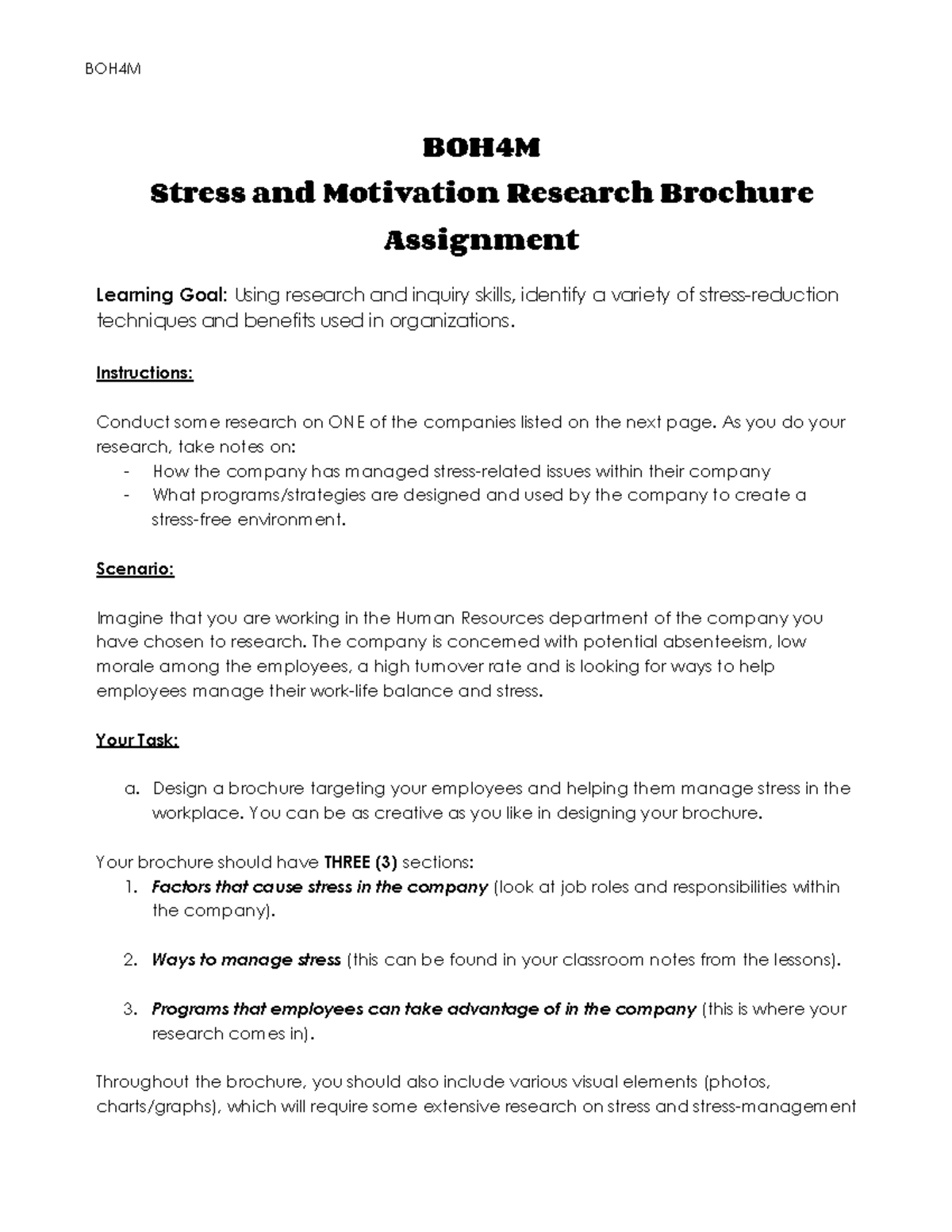 BOH4M Stress & Motivation Brochure Assignment Guide - Studocu