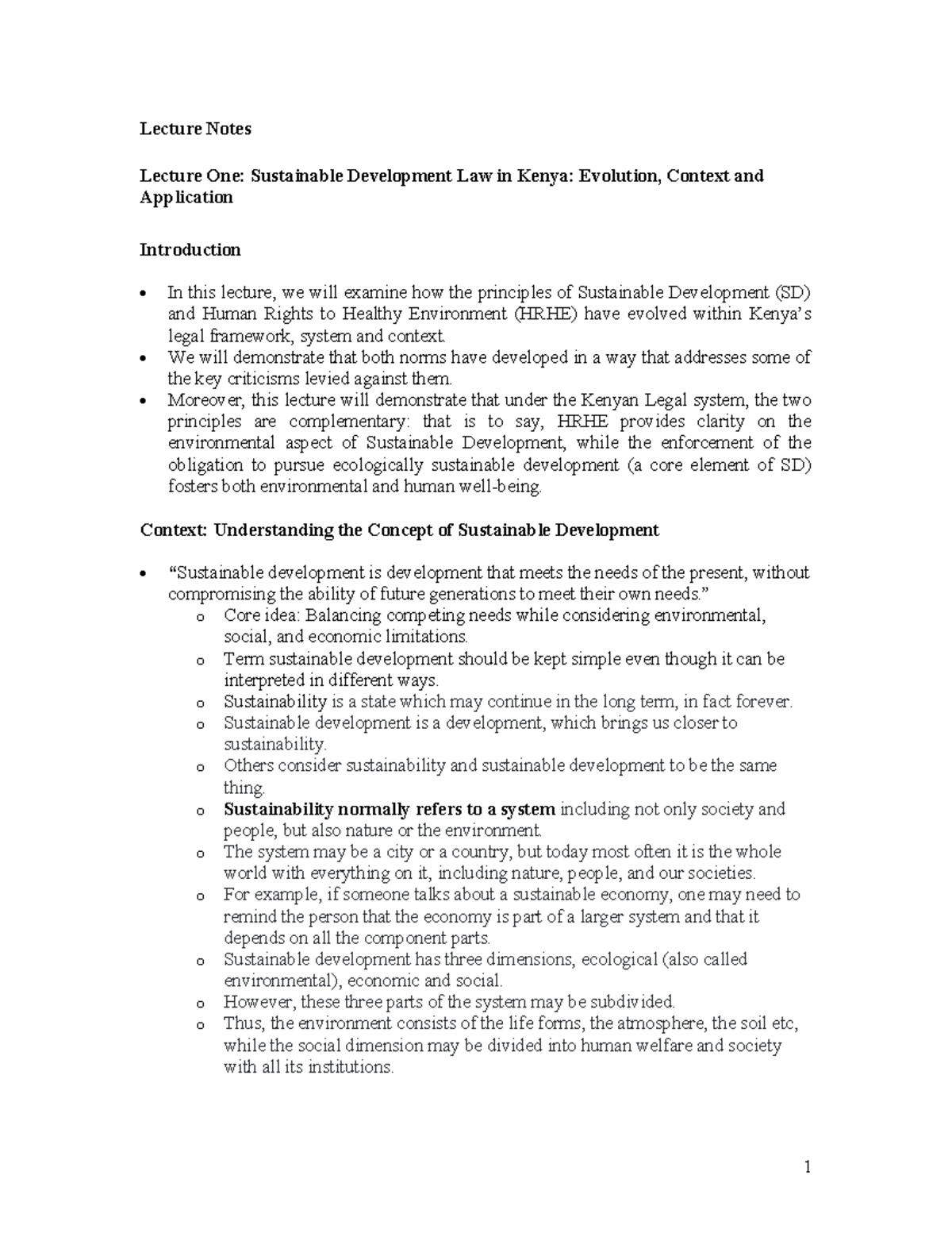 Lecture 1 Notes: Evolving Sustainable Development Law in Kenya - Studocu