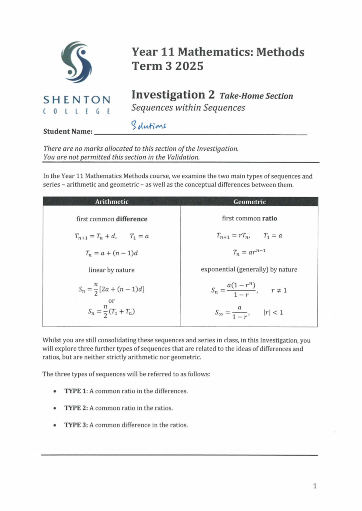 Year 11 Mathematics Methods Term 3 2025: Investigation 2 Solutions ...