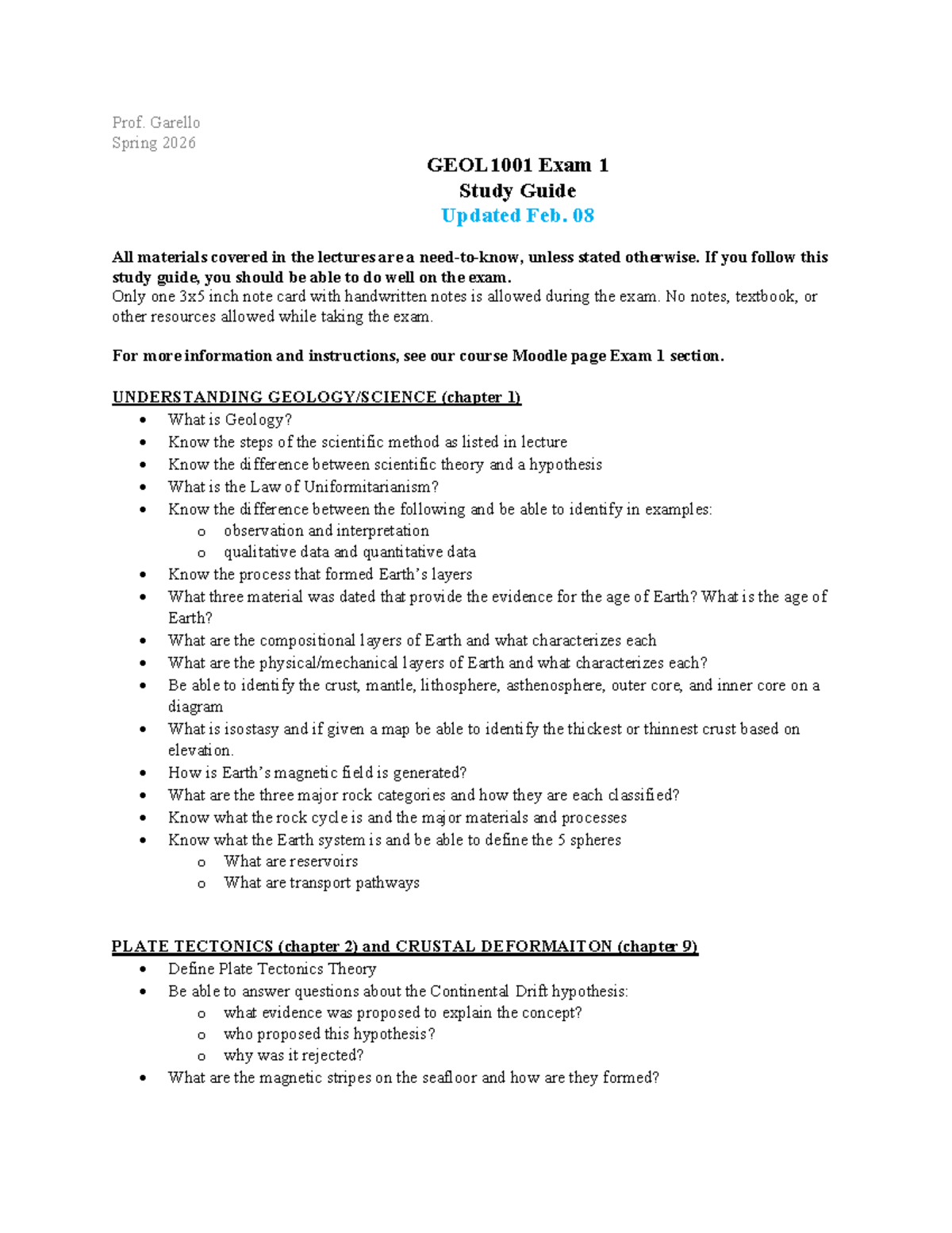 GEOL1001 Exam 1 Study Guide - Spring 2026 - Studocu