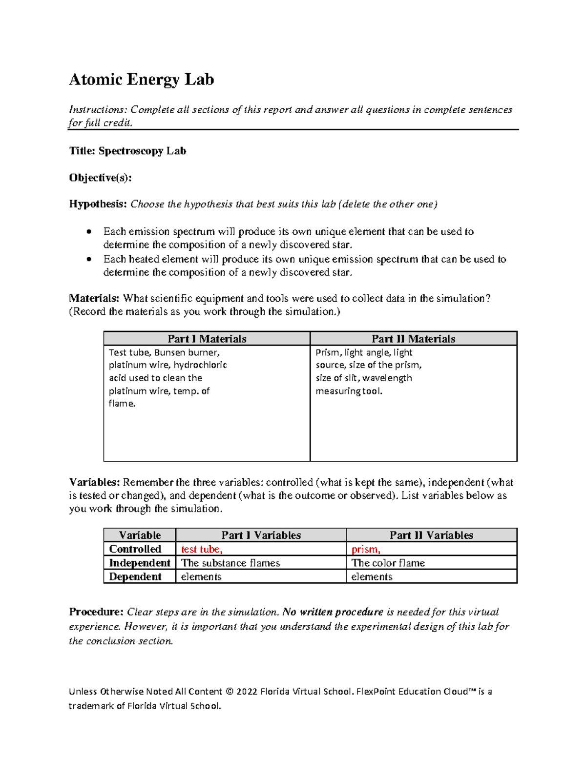 Atomic energy lab2 - class lab for chemistry flvs - Unless Otherwise ...