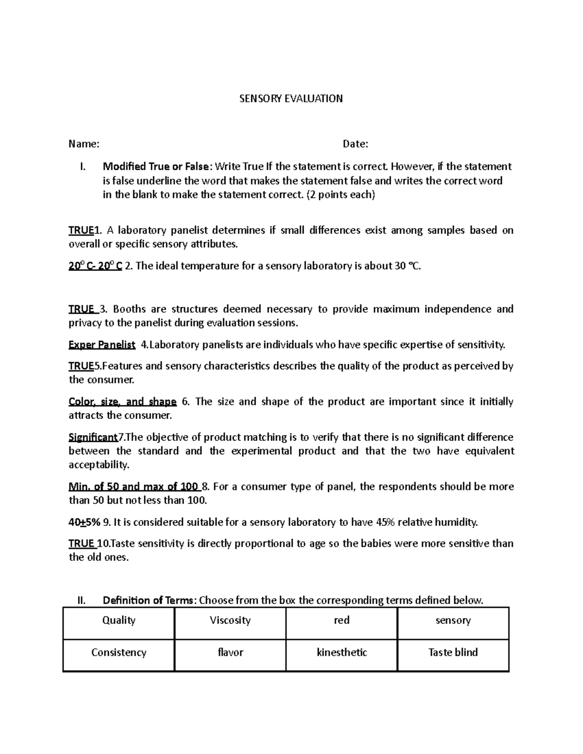 Sensory Evaluation Final Exam (Course Code: SE 101) - Studocu